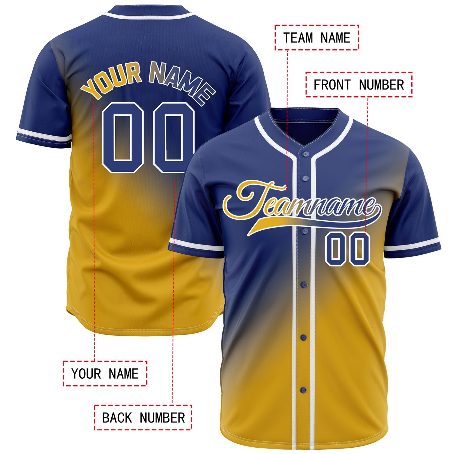 Custom navy blue to yellow gradient baseball jersey, button-front style with white trim, suitable for team sports and casual wear - Vosoli