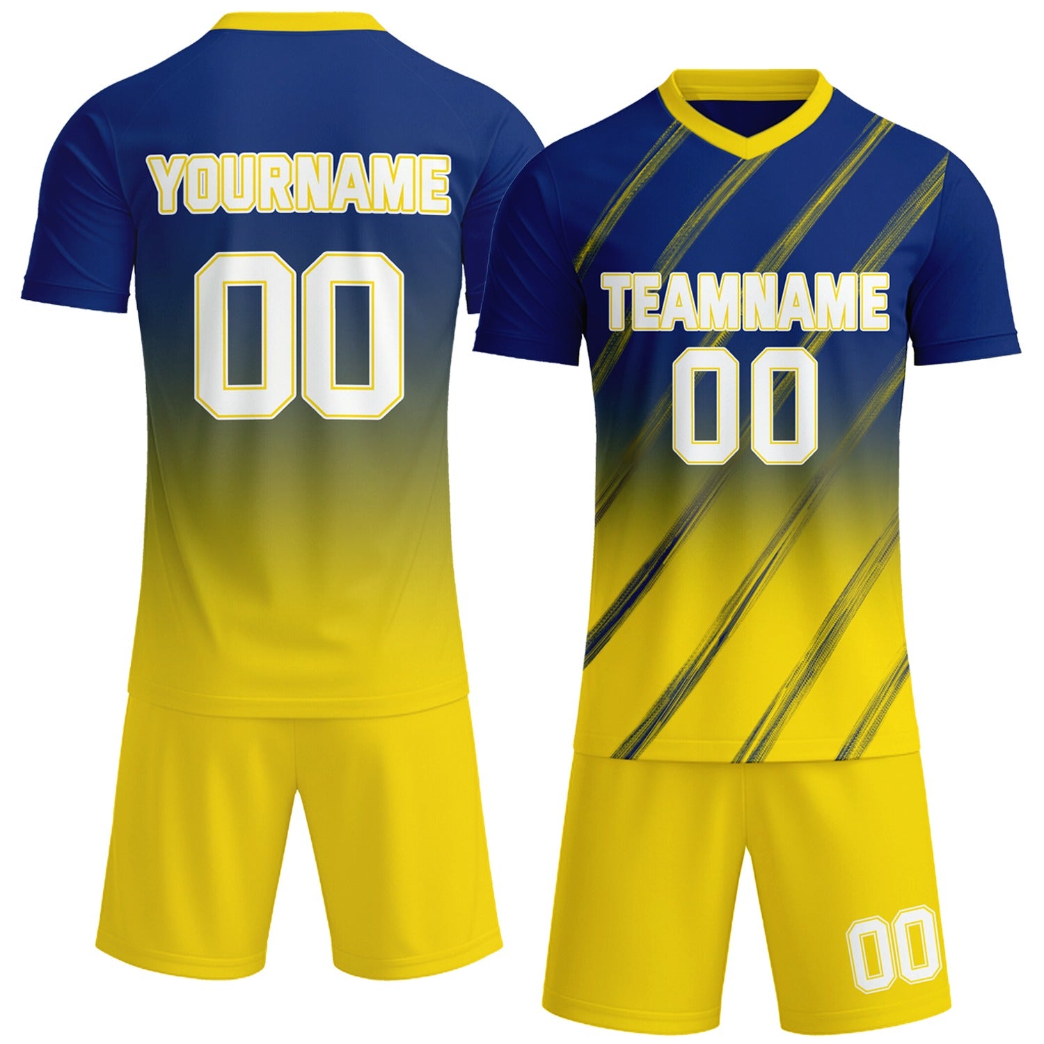 Custom navy blue & yellow gradient soccer jersey set, personalized name number team logo, short-sleeve jersey with matching shorts sports uniform for men women youth adult game practice - Vosoli