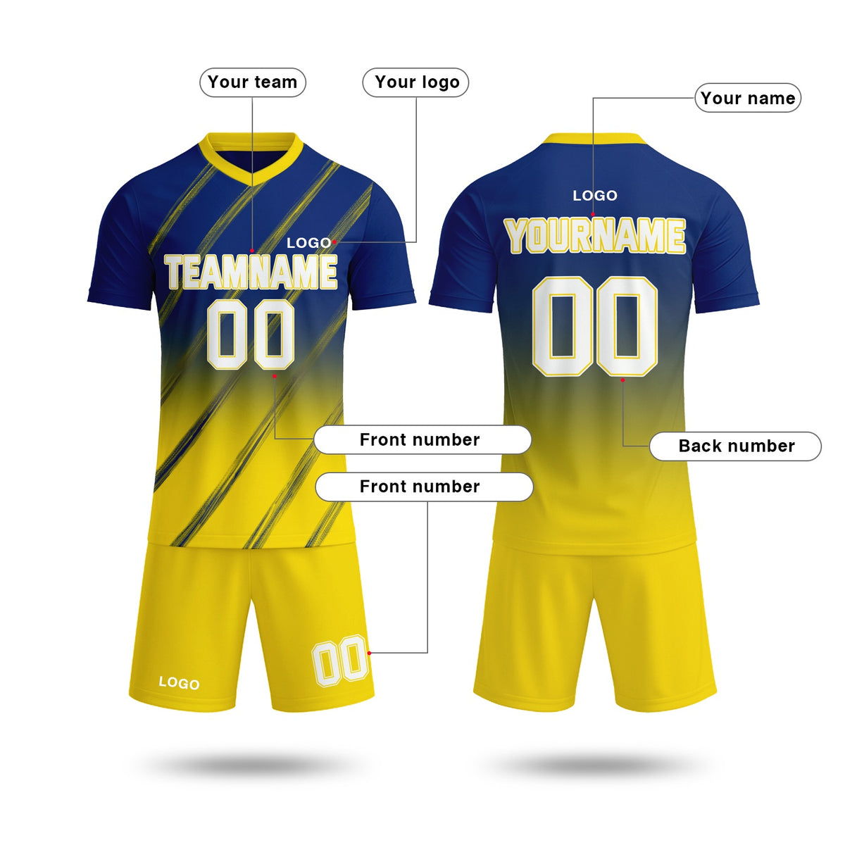 Custom Navy Blue & Yellow Gradient Soccer Jersey Set | Personalized Team Uniform | Vosoli
