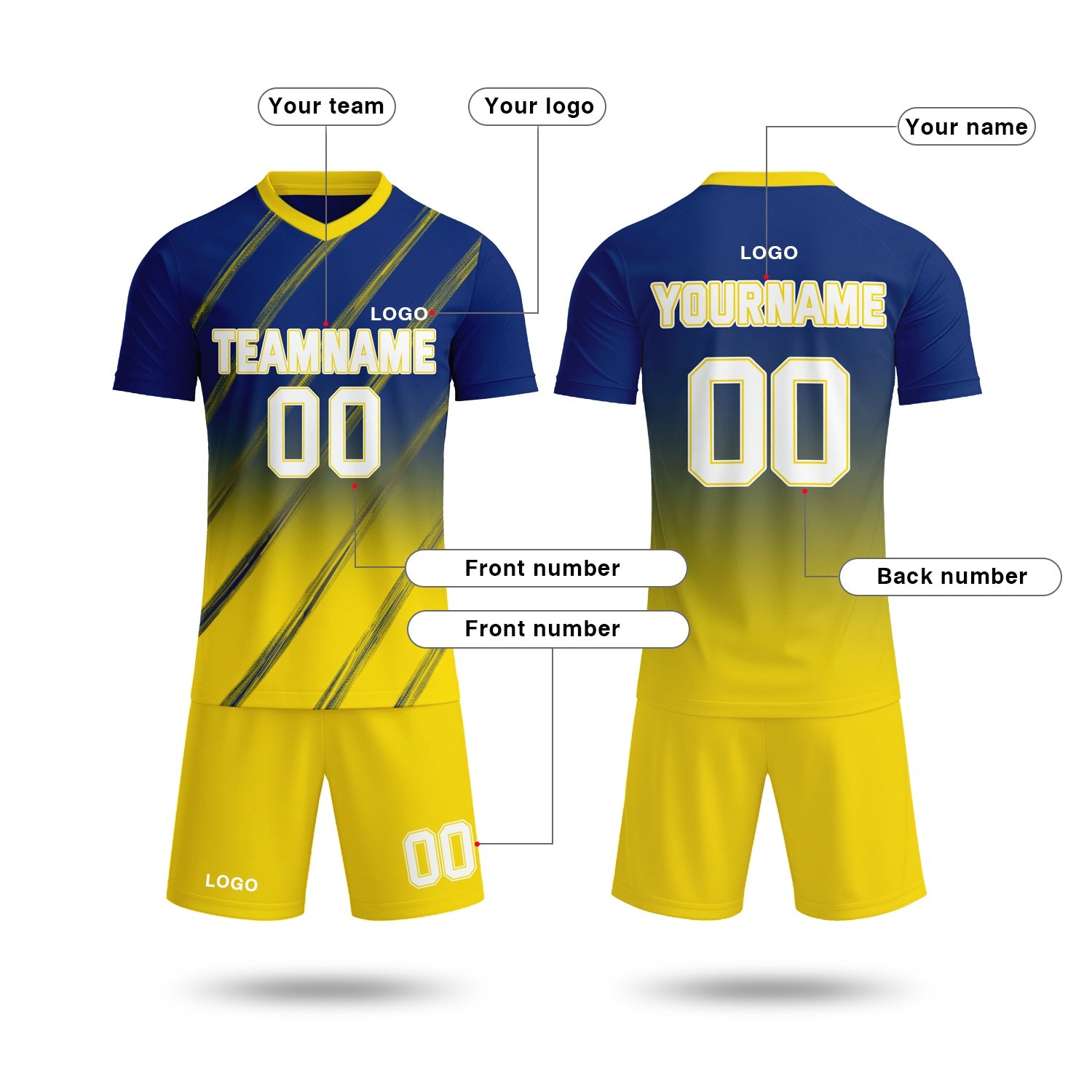 Custom navy blue & yellow gradient soccer jersey set, personalized name number team logo, short-sleeve jersey with matching shorts sports uniform for men women youth adult game practice - Vosoli