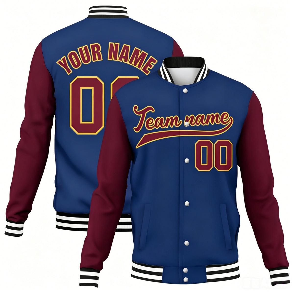 Custom navy-burgundy contrast sleeve stitched varsity baseball jacket by Vosoli | Personalized team name &amp; number jacket for youth &amp; adults