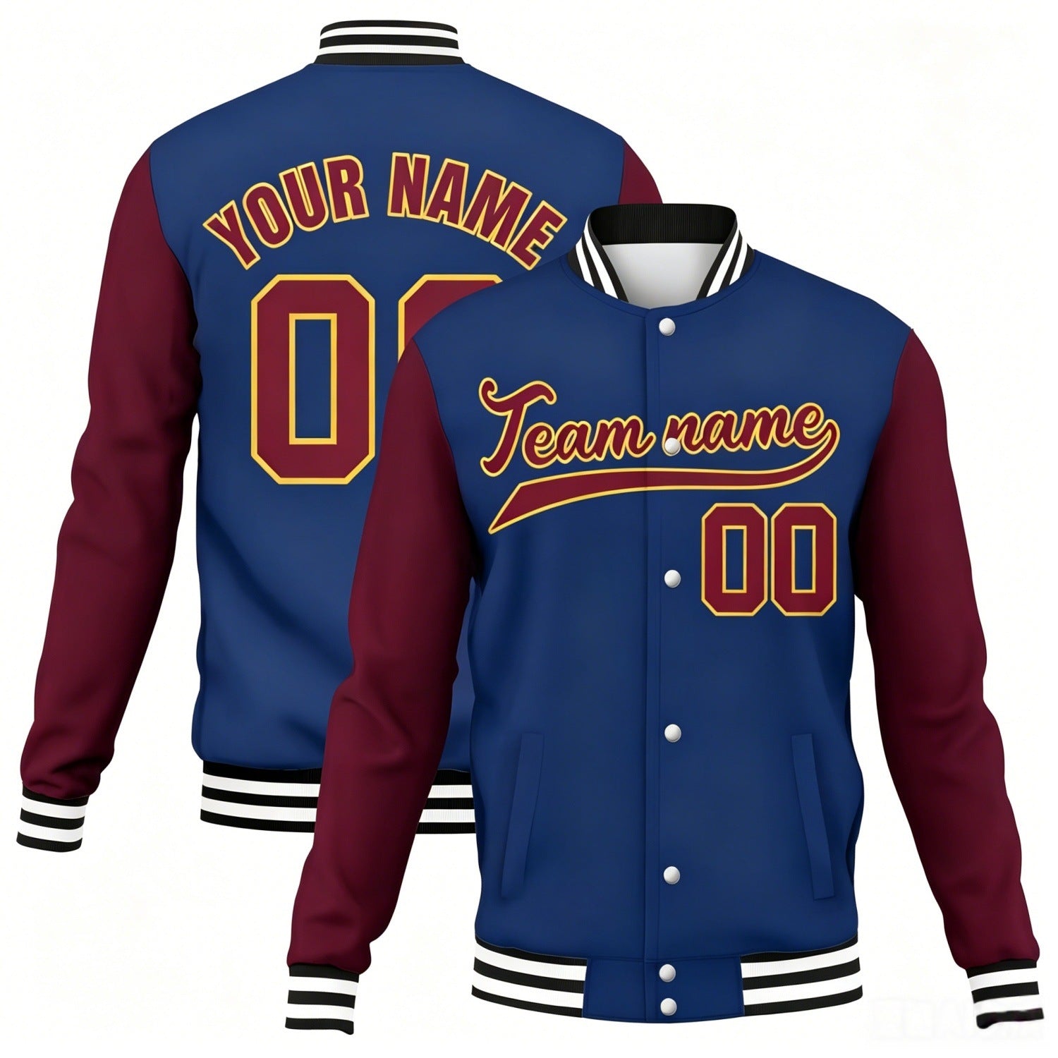 Custom navy-burgundy contrast sleeve stitched varsity baseball jacket by Vosoli | Personalized team name & number jacket for youth & adults