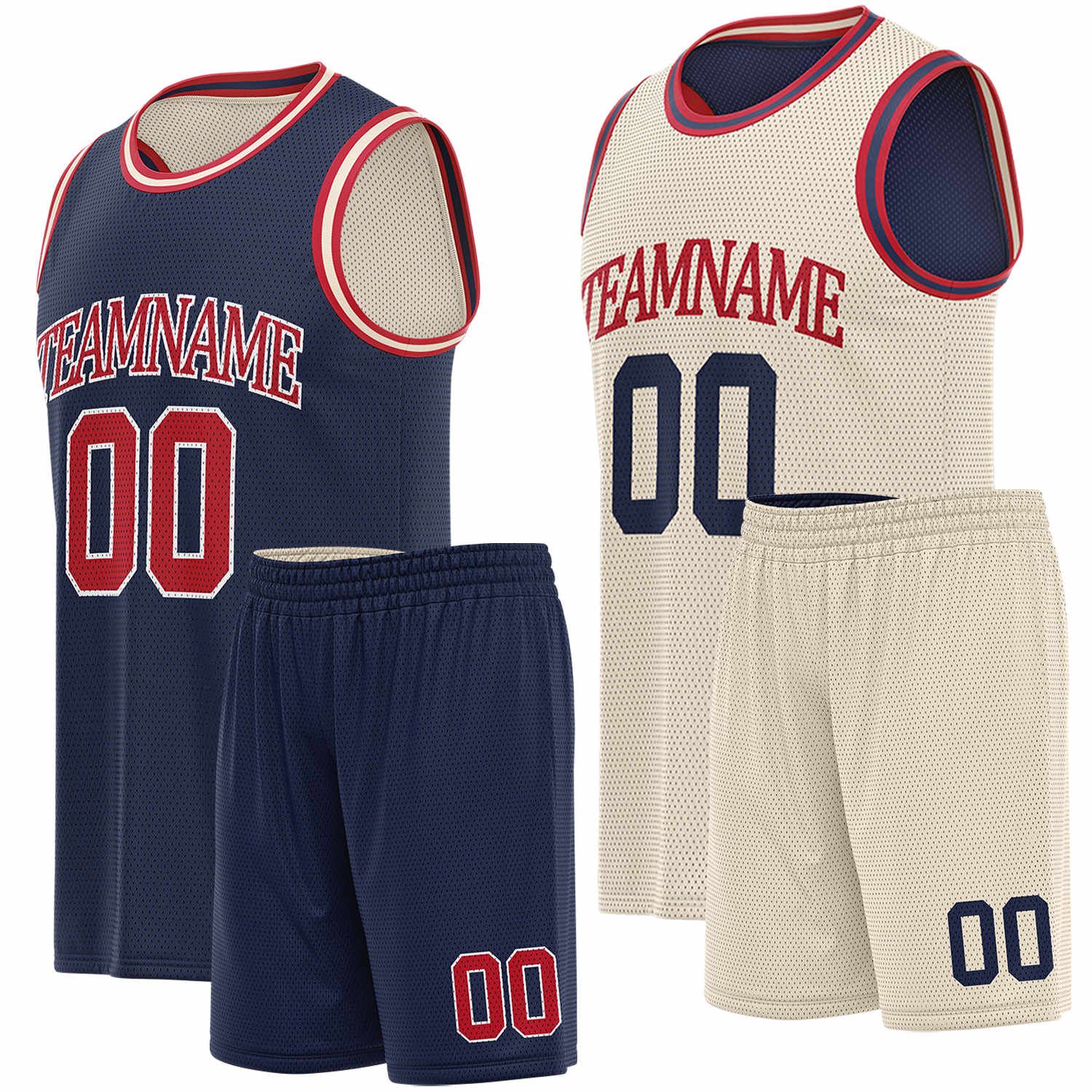 Custom navy, cream & red basketball jersey set, personalized name number team logo, sleeveless jersey with matching shorts sports uniform for men women youth adult game practice - Vosoli