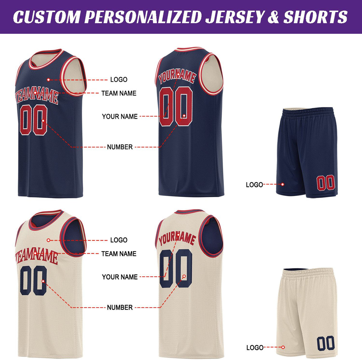 Custom Navy Cream & Red Basketball Jersey Set | Personalized Team Uniform | Vosoli