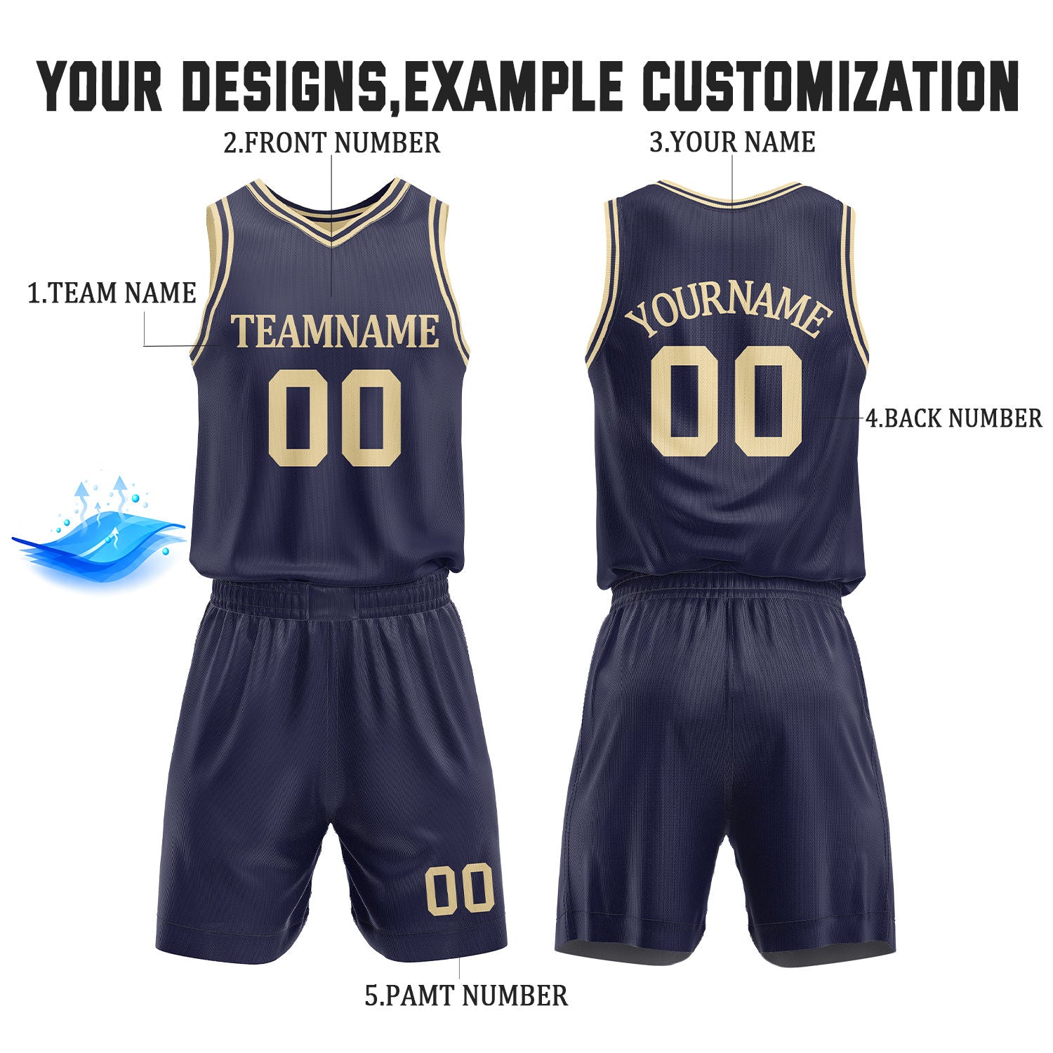Custom Navy & Cream Reversible Basketball Jersey Shorts Set | Personalized Full Team Uniform