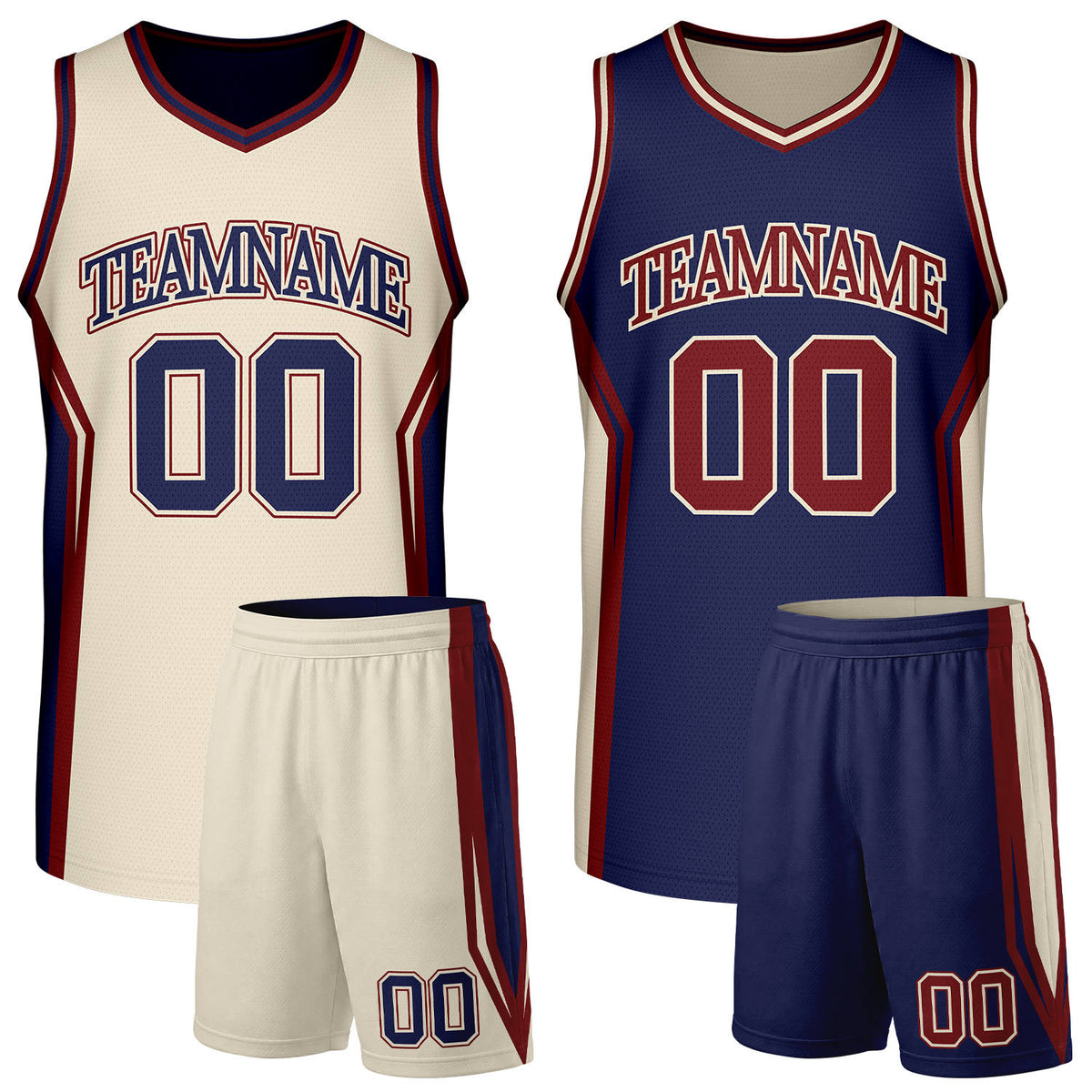 Custom navy and cream basketball uniform set, reversible jersey and shorts with personalized name &amp; number, breathable mesh for adult &amp; youth.