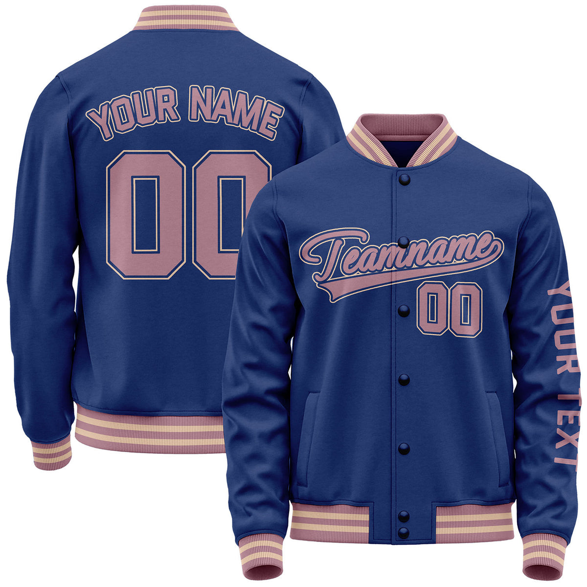 Custom Navy and dusty rose baseball team outerwear by Vosoli with stitched name, number and logo. Classic varsity jacket for baseball and casual wear.