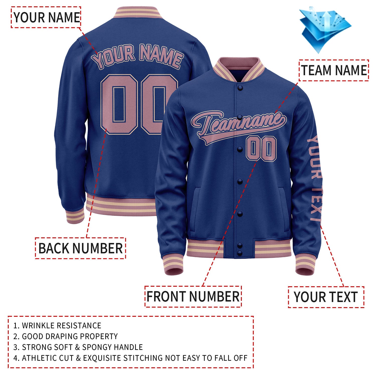 Custom Navy Dusty Rose Jacket Personalized Team Name Number Letterman Bomber for Adult & Youth