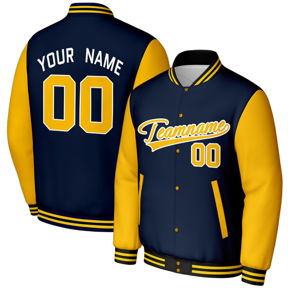 custom navy gold baseball jackets for baseball teams by Vosoli, personalized stitched name, number &amp; logo, classic button up varsity letterman jacket for baseball team and casual wear