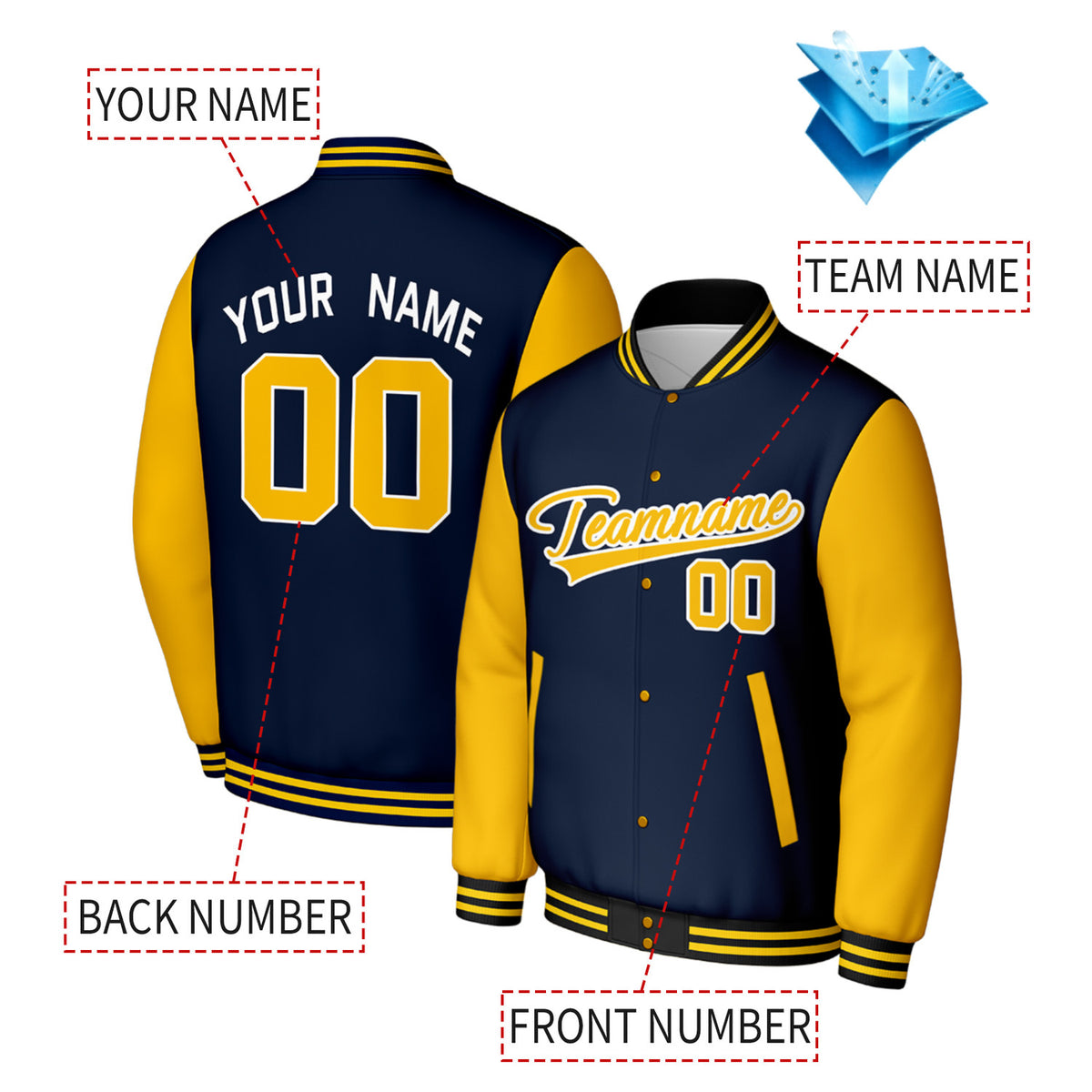 Custom Navy & Gold Varsity Baseball Jacket | Personalized Jacket with Stitched Name & Number for Adult & Youth