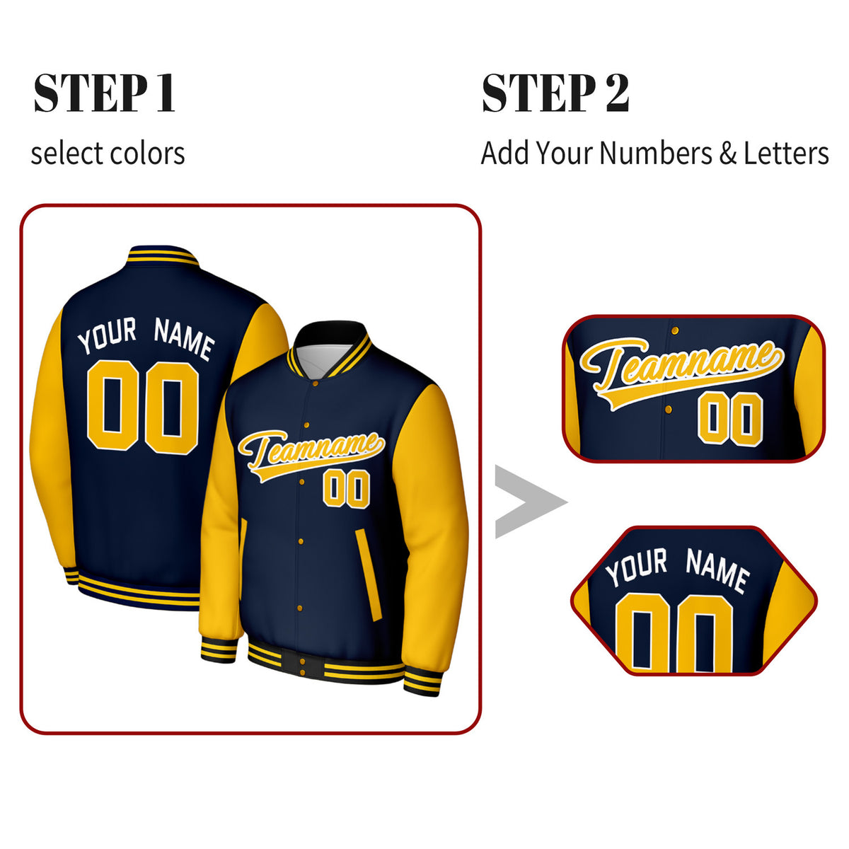 Custom Navy & Gold Varsity Baseball Jacket | Personalized Jacket with Stitched Name & Number for Adult & Youth