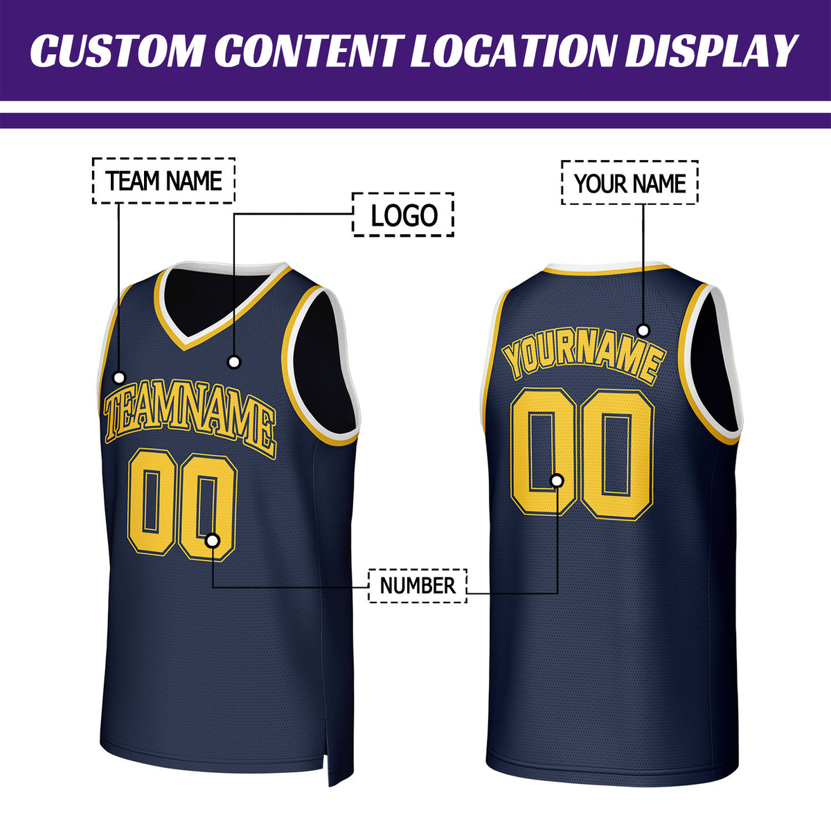 Custom Navy & Gold Mesh Basketball Jersey | Personalized Team Uniform for youth & adults