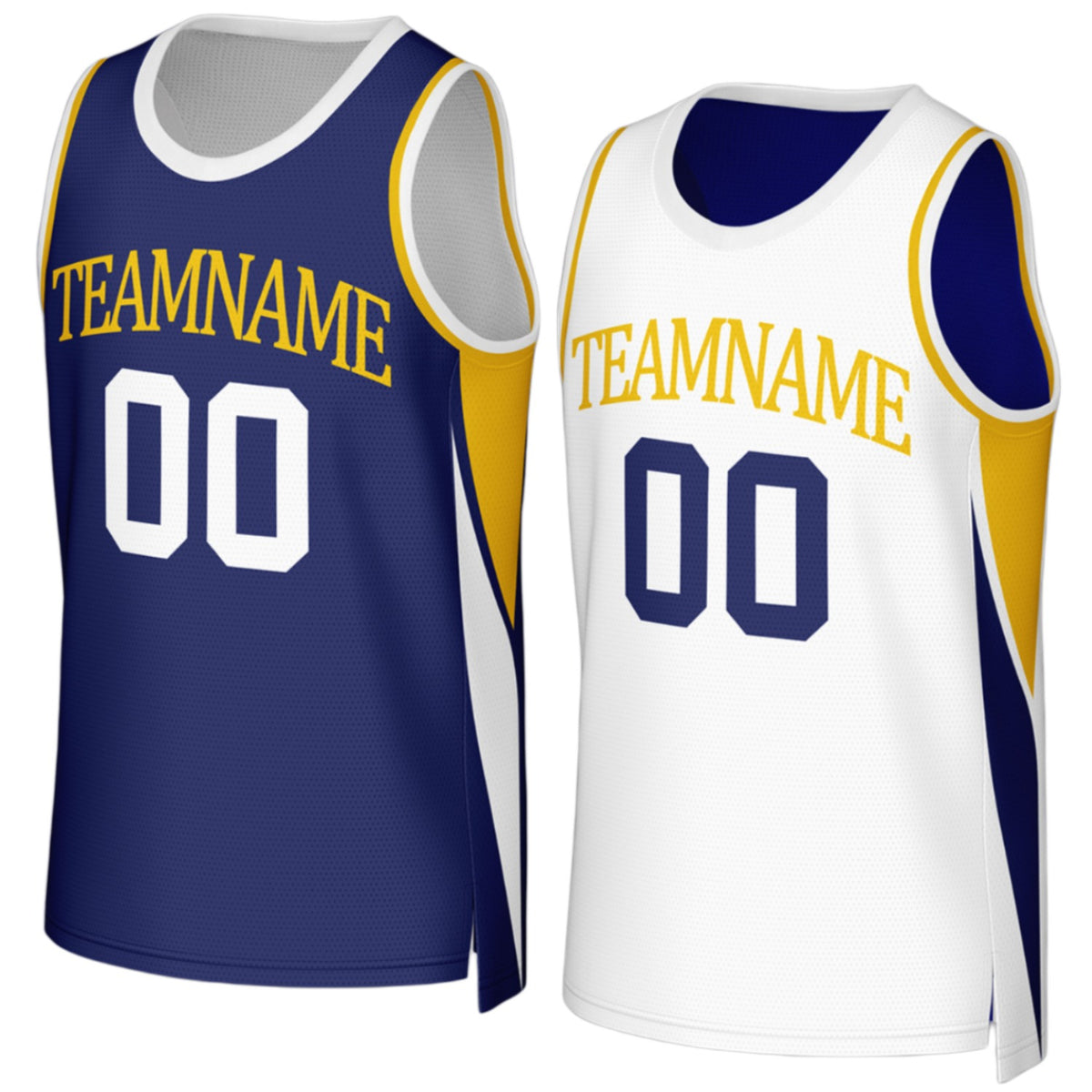 Custom navy and gold reversible basketball jersey by Vosoli with personalized team name, number and logo on both sides, breathable mesh 2-in-1 jersey for high school, college and AAU teams