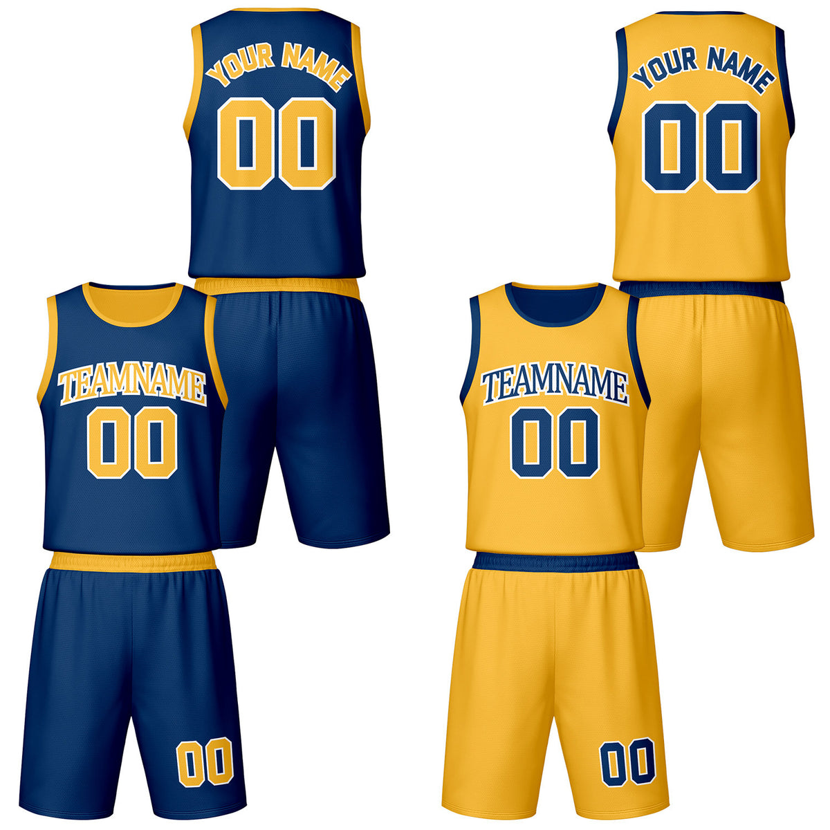 Custom navy &amp; gold reversible basketball jersey shorts set by Vosoli | Personalized team name number vintage uniform sportswear