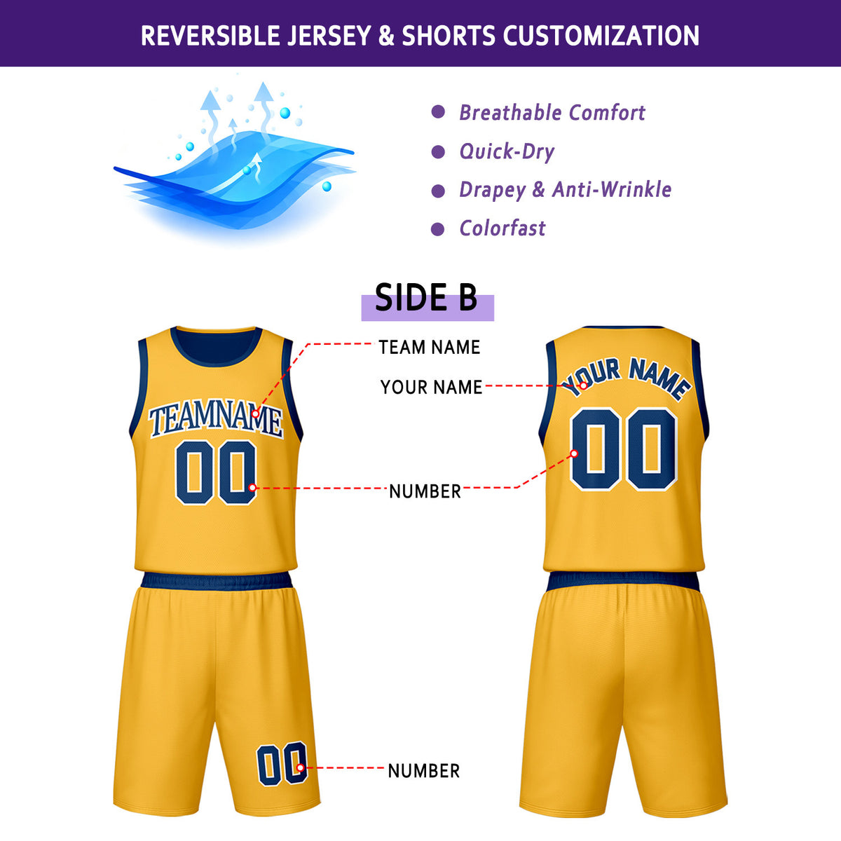 Custom Navy & Gold Reversible Basketball Jersey Shorts Set | Personalized Team Uniform
