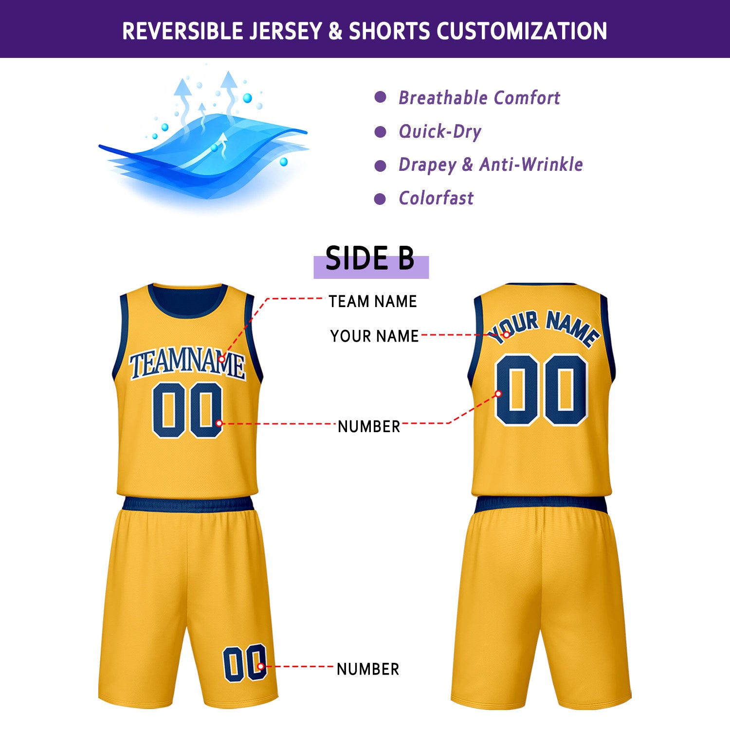 Custom Navy & Gold Reversible Basketball Jersey Shorts Set | Personalized Team Uniform