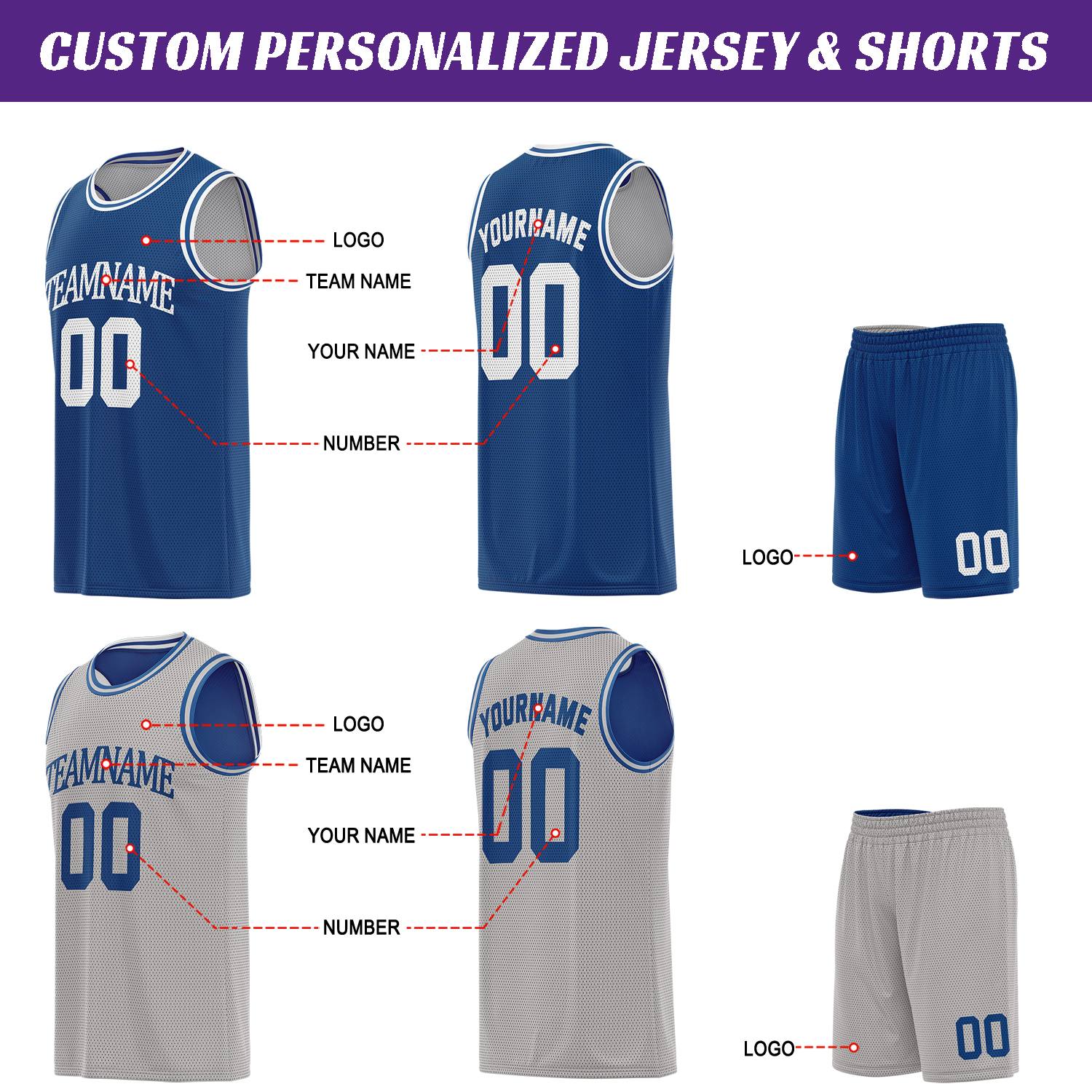 Custom navy & gray basketball jersey set, personalized name number team logo, sleeveless jersey with matching shorts sports uniform for men women youth adult game practice - Vosoli