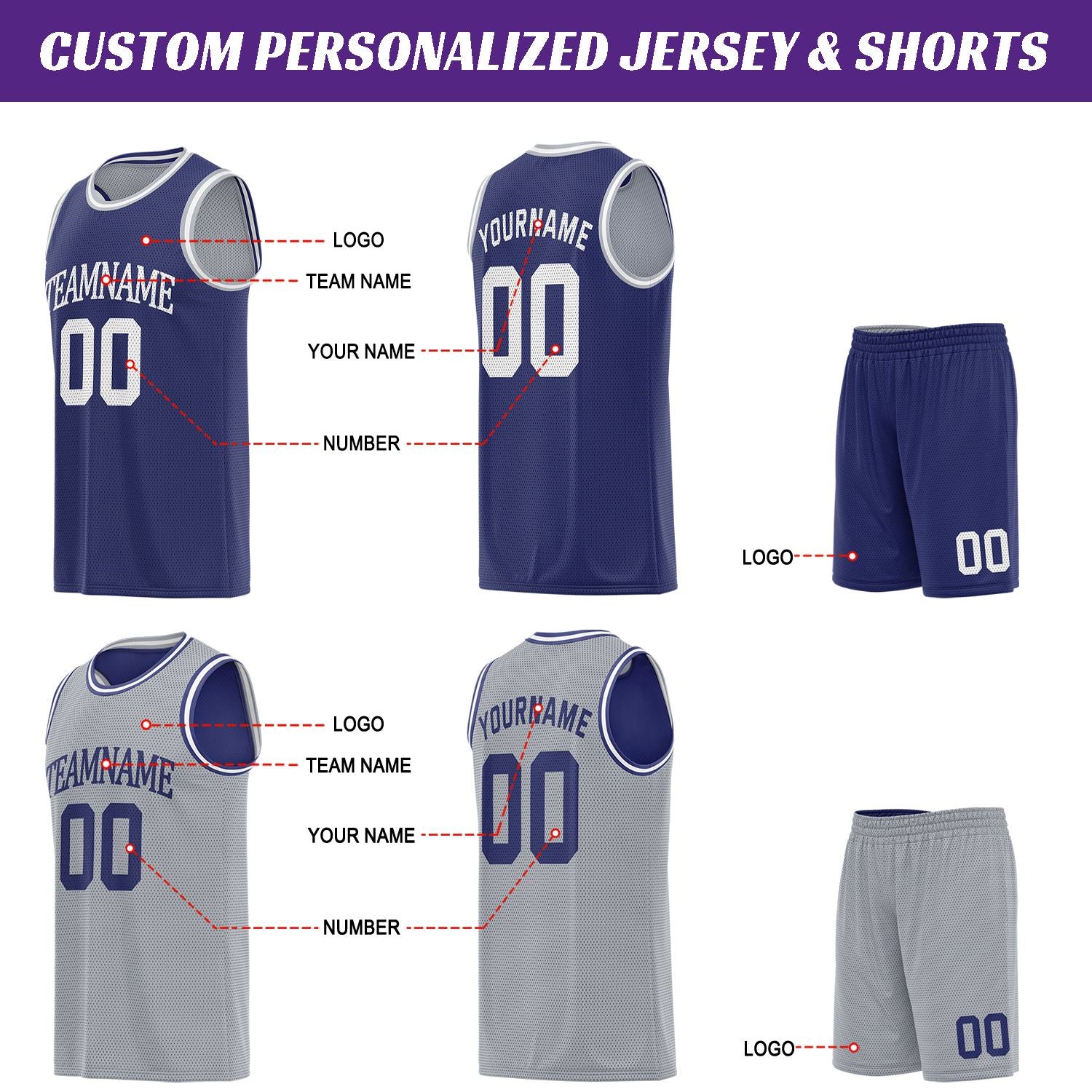 Custom navy & gray basketball jersey set, personalized name number team logo, sleeveless jersey with matching shorts sports uniform for men women youth adult game practice - Vosoli
