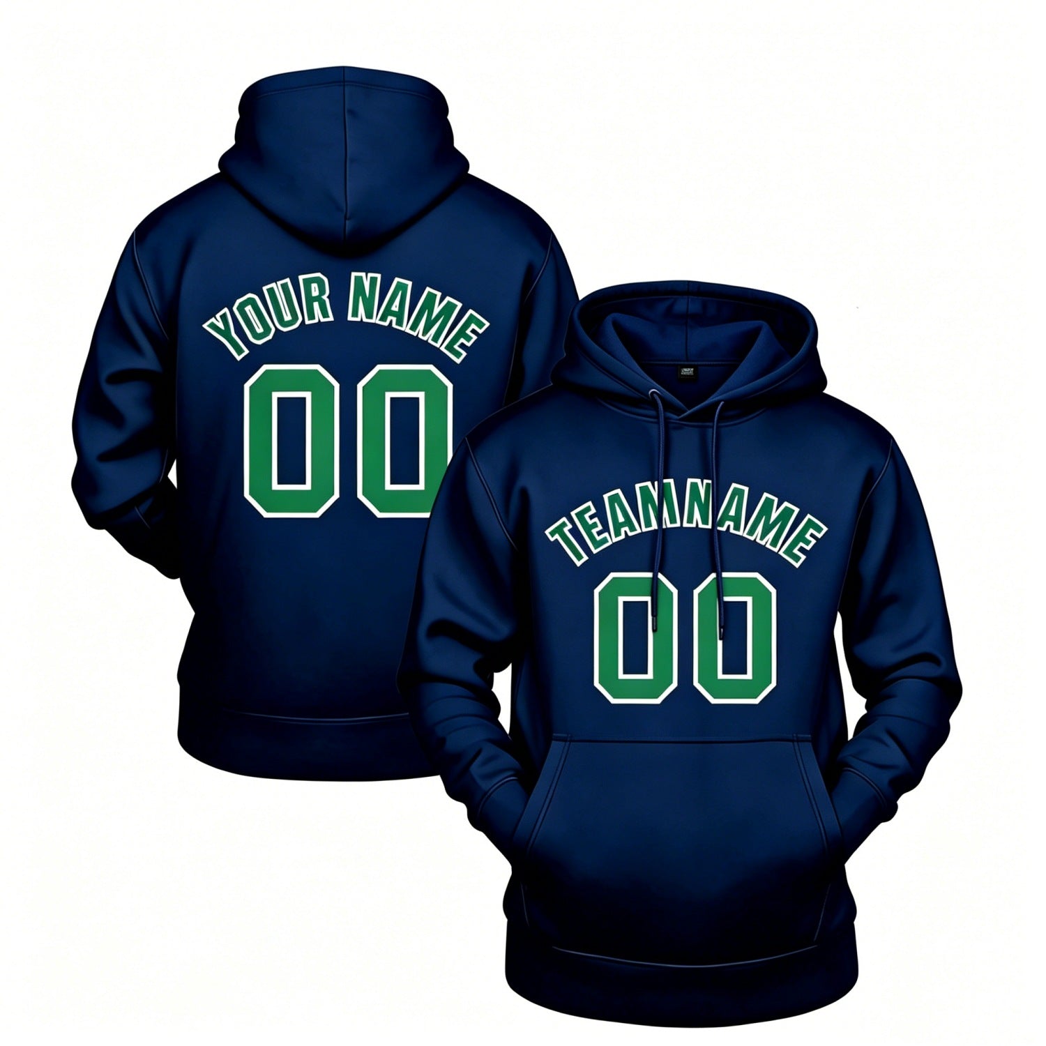 Custom navy hoodie with green print, personalized name & number pullover, casual sports hoodie for men women youth fan wear - Vosoli