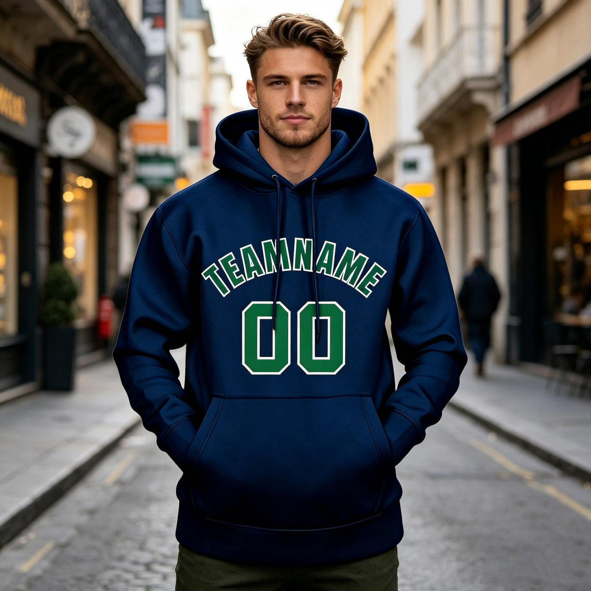 Custom Navy & Green Hoodie | Personalized Name & Number Sports Pullover | Vosoli