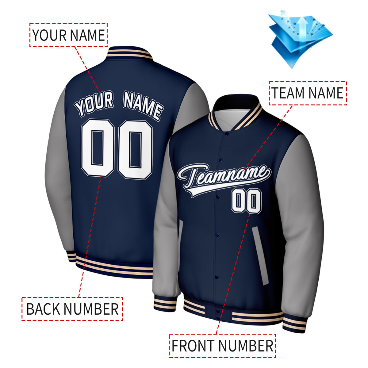 Custom Navy & Grey Varsity Baseball Jacket | Personalized Jacket with Stitched Name & Number for Adult & Youth