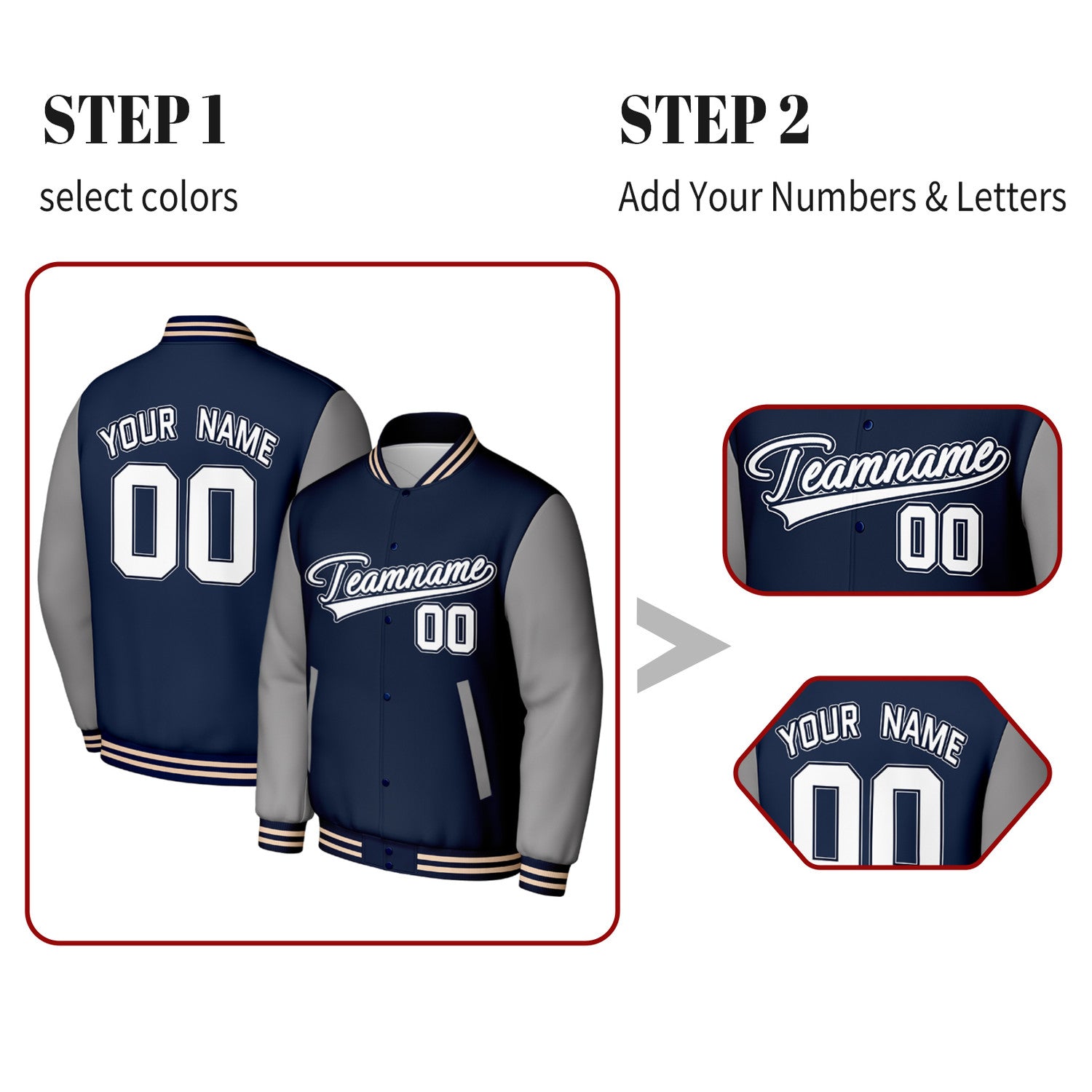 Custom Navy & Grey Varsity Baseball Jacket | Personalized Jacket with Stitched Name & Number for Adult & Youth