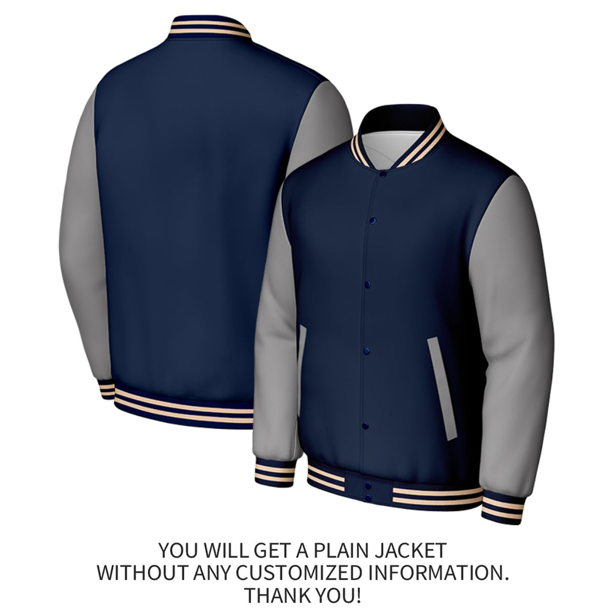 Custom Navy & Grey Varsity Baseball Jacket | Personalized Jacket with Stitched Name & Number for Adult & Youth