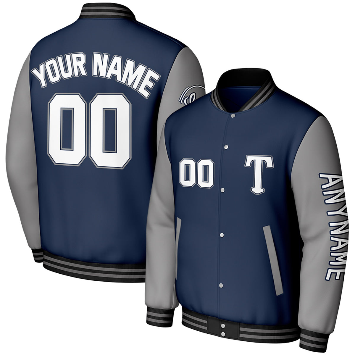custom navy grey travel baseball warm up jacket by Vosoli, personalized stitched name, number &amp; logo, classic button up varsity letterman jacket for baseball travel team and casual wear