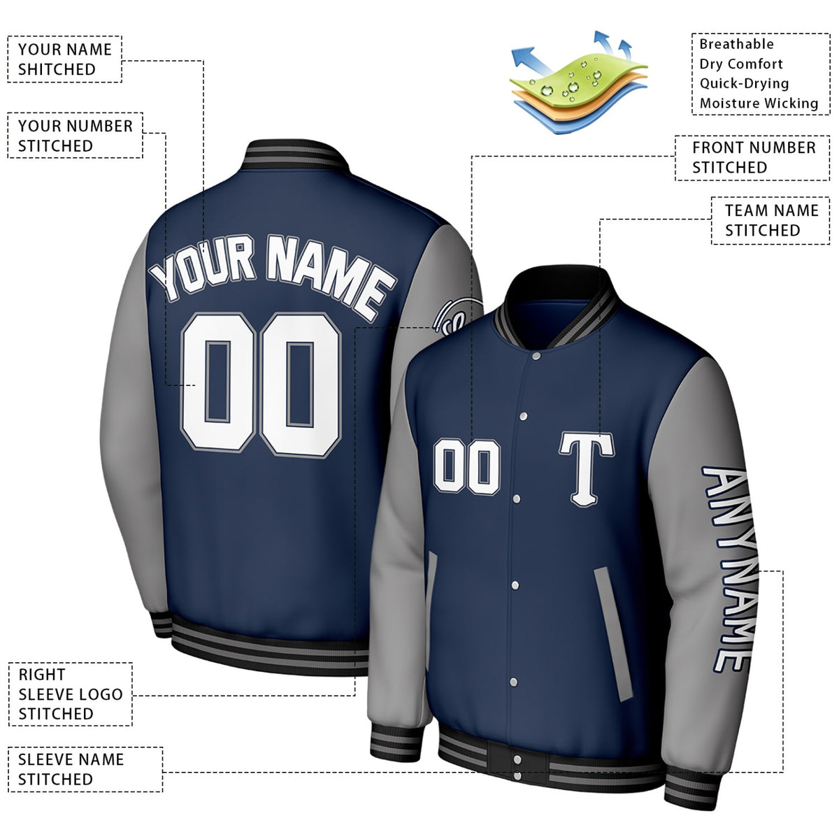 Custom Navy & Grey Varsity Baseball Jacket | Personalized Letterman Baseball Bomber for Adult & Youth