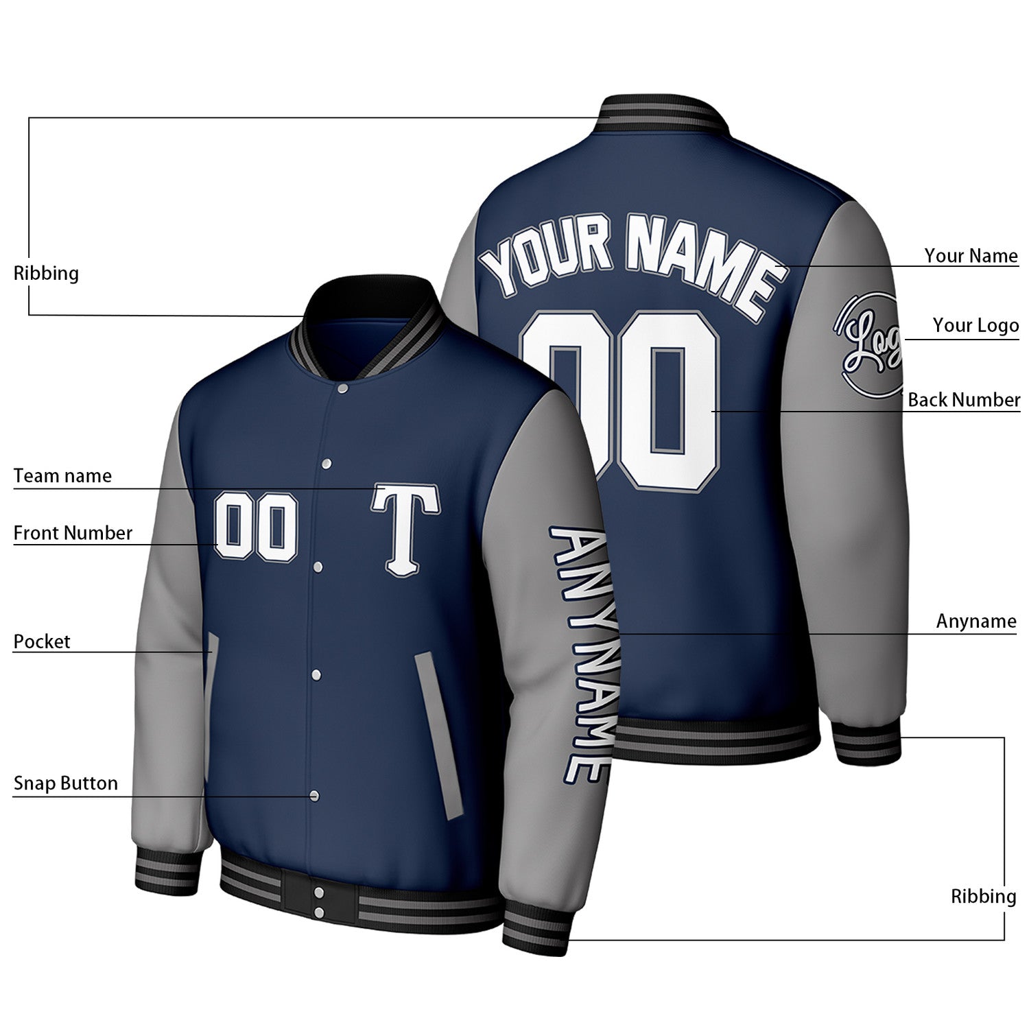 Custom Navy & Grey Varsity Baseball Jacket | Personalized Letterman Baseball Bomber for Adult & Youth