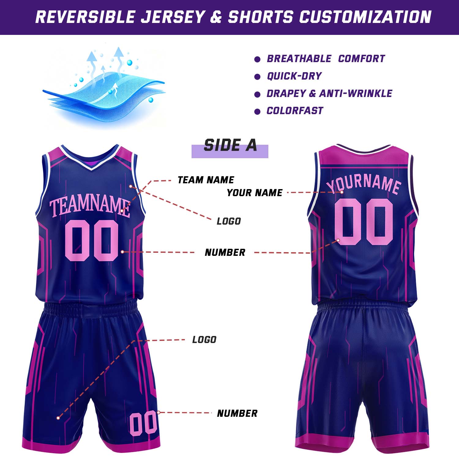 Custom Navy & Hot Pink Reversible Geometric Basketball Jersey Shorts Set | Personalized Team Uniform