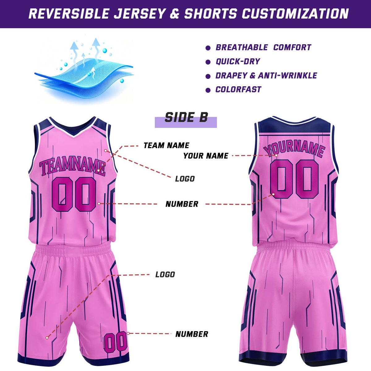 Custom Navy & Hot Pink Reversible Geometric Basketball Jersey Shorts Set | Personalized Team Uniform