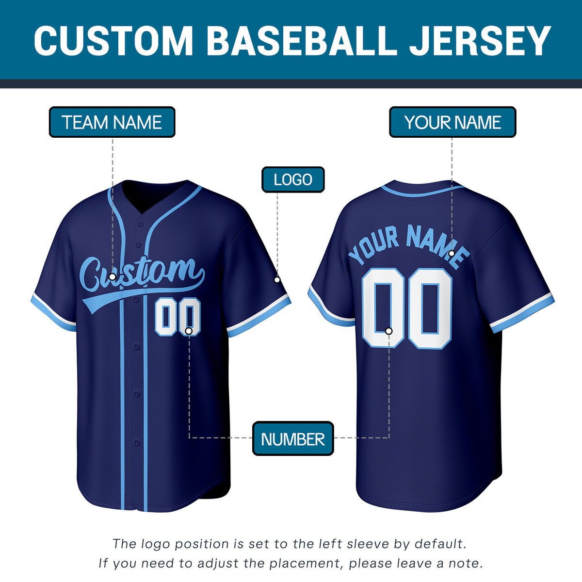 Custom Stitched Baseball Jersey Navy Light Blue White | Personalized Name & Number | Team Uniform