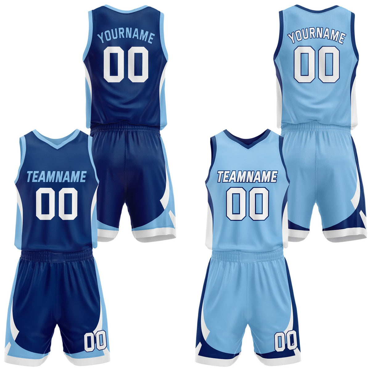 Custom navy &amp; light blue reversible basketball jersey set with shorts by Vosoli | Personalized team name, number &amp; logo | Breathable mesh sport jersey uniform