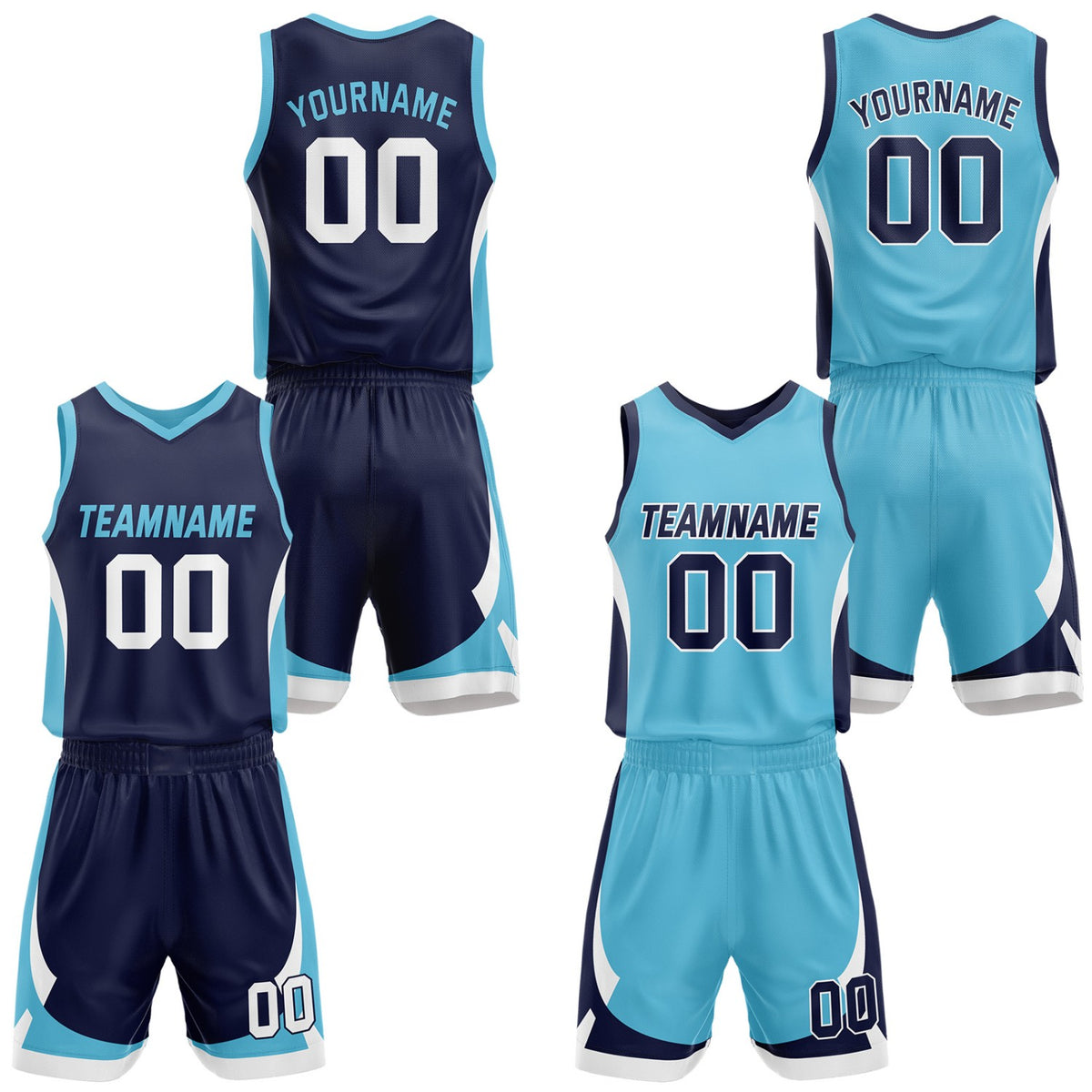 Custom navy &amp; light blue reversible basketball jersey set with shorts by Vosoli | Personalized team name, number &amp; logo | Breathable mesh sport jersey uniform