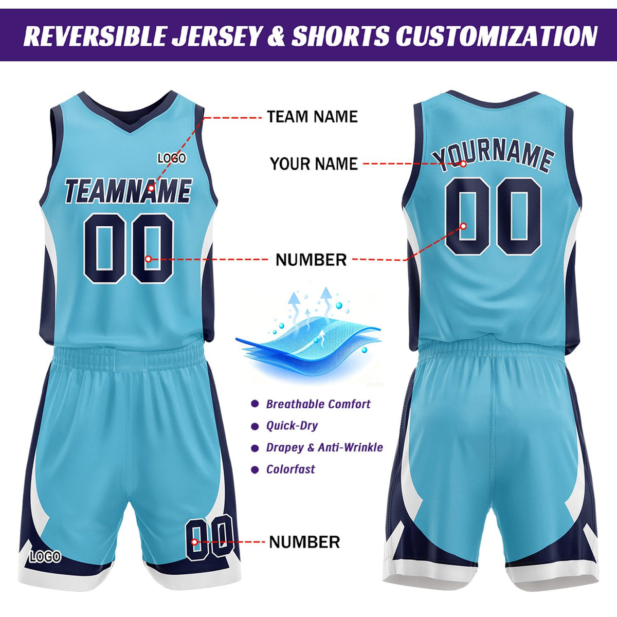 Custom Navy Light Blue Reversible Basketball Jersey Set | Personalized Name Number Mesh Sports Uniform