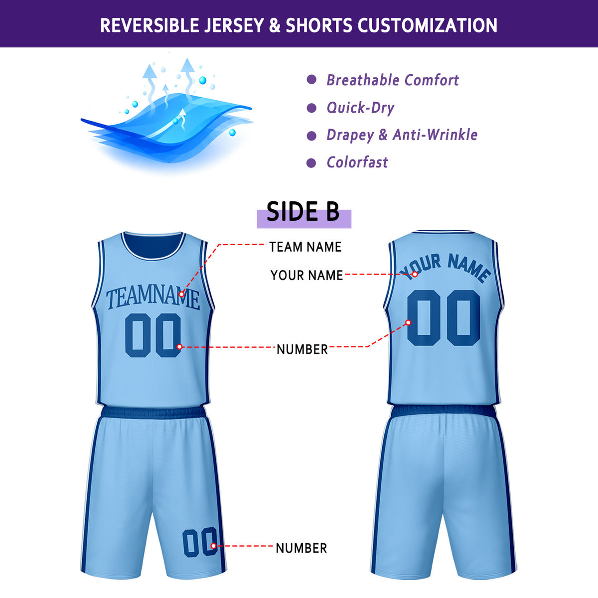 Custom Navy & Light Blue Reversible Basketball Jersey Shorts Set | Personalized Team Uniform