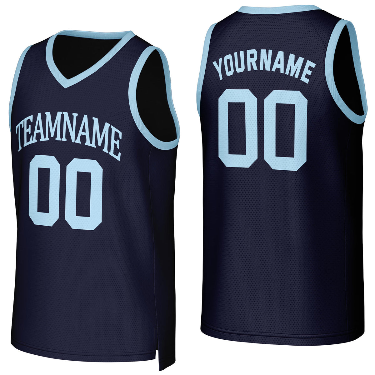 Custom navy &amp; light blue basketball jersey by Vosoli | Personalized stitched team name, number &amp; logo | Breathable mesh sport jersey