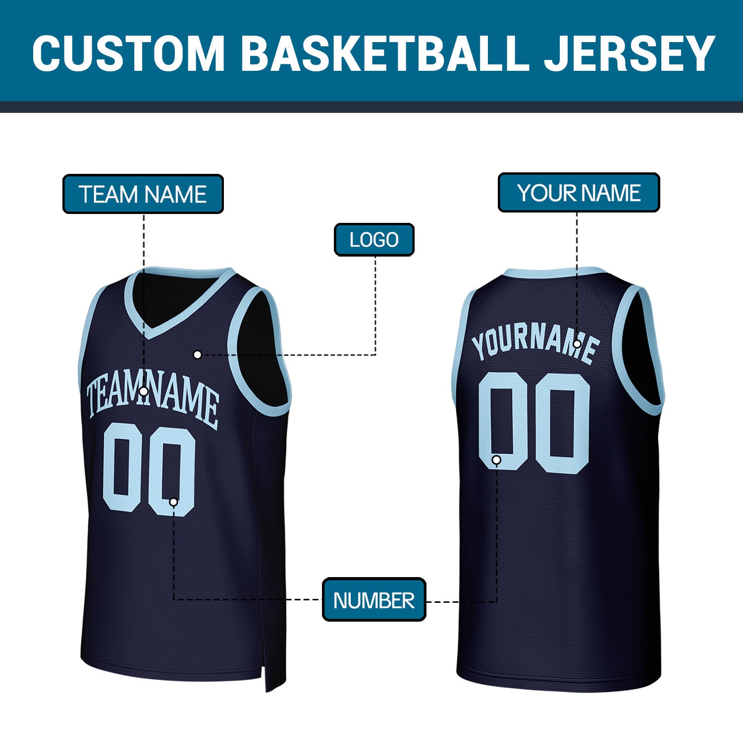 Custom Navy Light Blue Stitched Basketball Jersey | Personalized Name Number Logo Mesh Sports Jersey