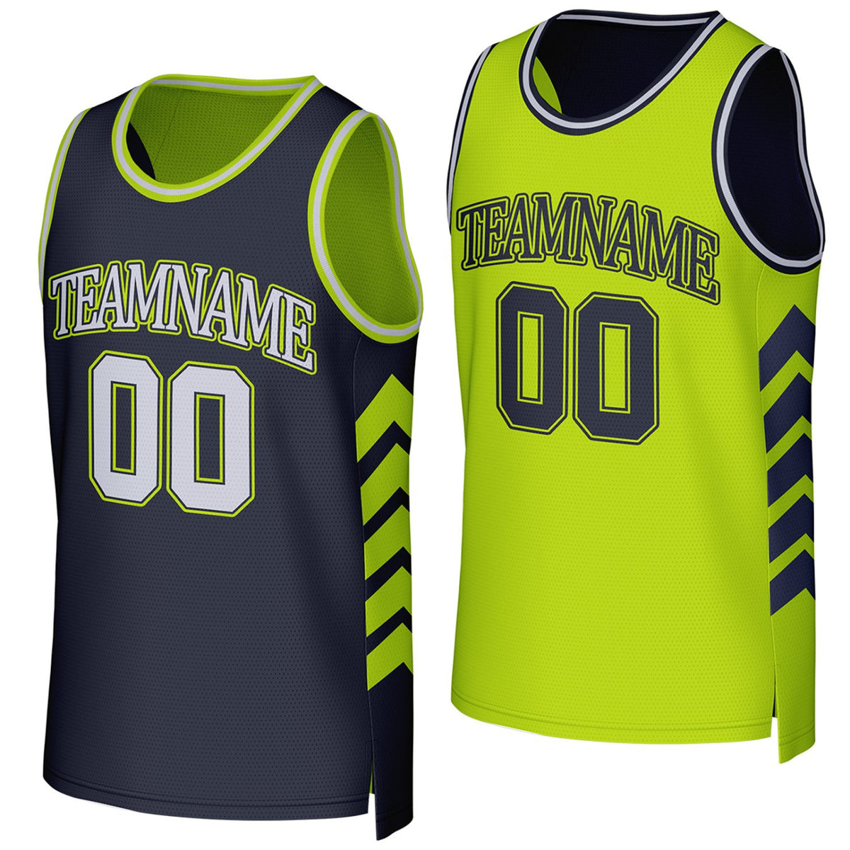 Custom navy & neon green reversible basketball jersey by Vosoli. Personalized with team name, player name, number, and logo on both sides. Breathable mesh 2-in-1 jersey for high school, college, AAU teams.