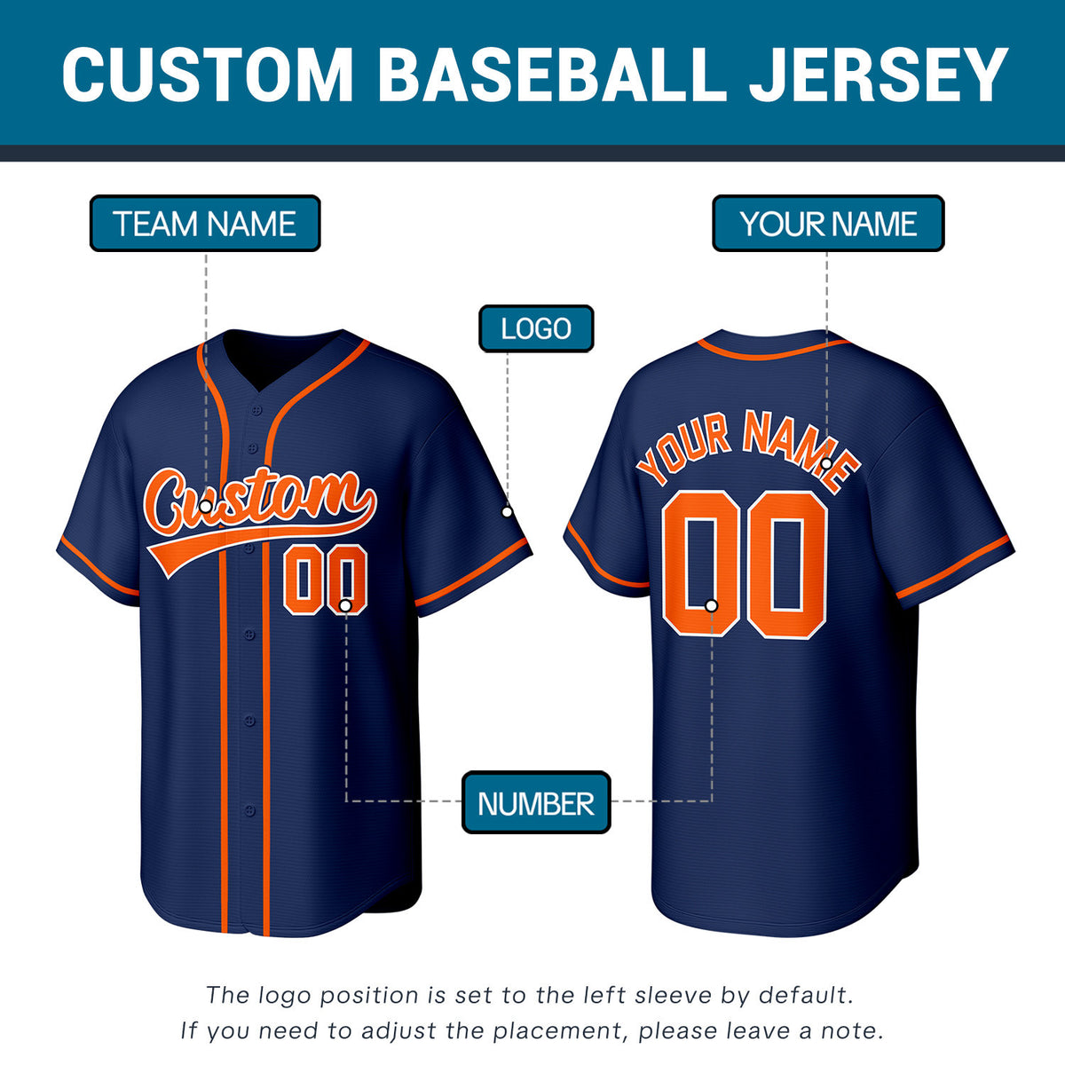 Custom Stitched Baseball Jersey Navy Orange White | Personalized Name & Number | Team Uniform