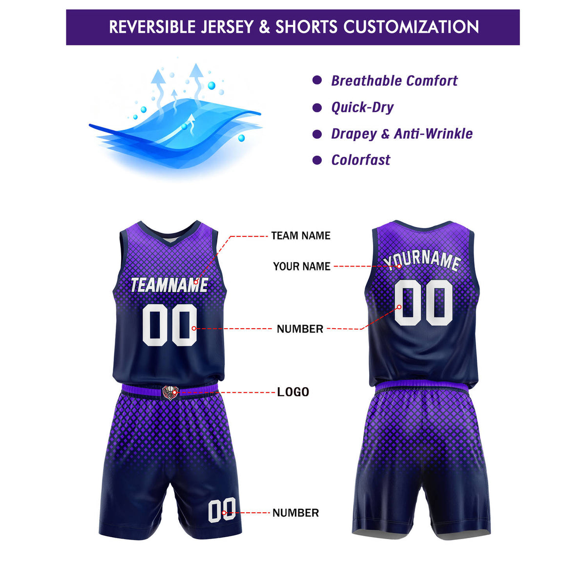 Custom Navy Purple Gradient Basketball Uniform | Personalized Team Kit - Vosoli
