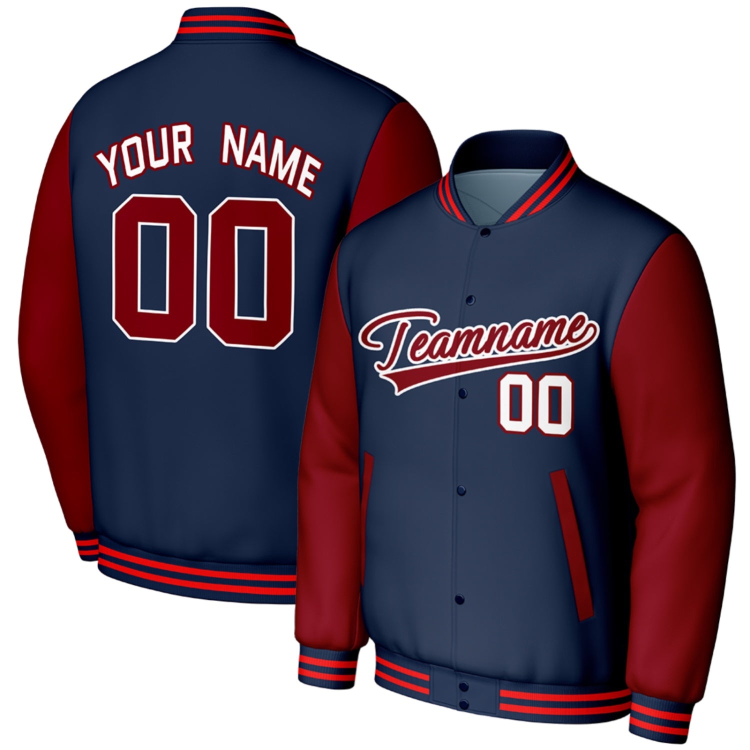 custom navy red baseball jackets for team travel by Vosoli, personalized stitched name, number & logo, classic button up varsity letterman jacket for team travel and casual wear