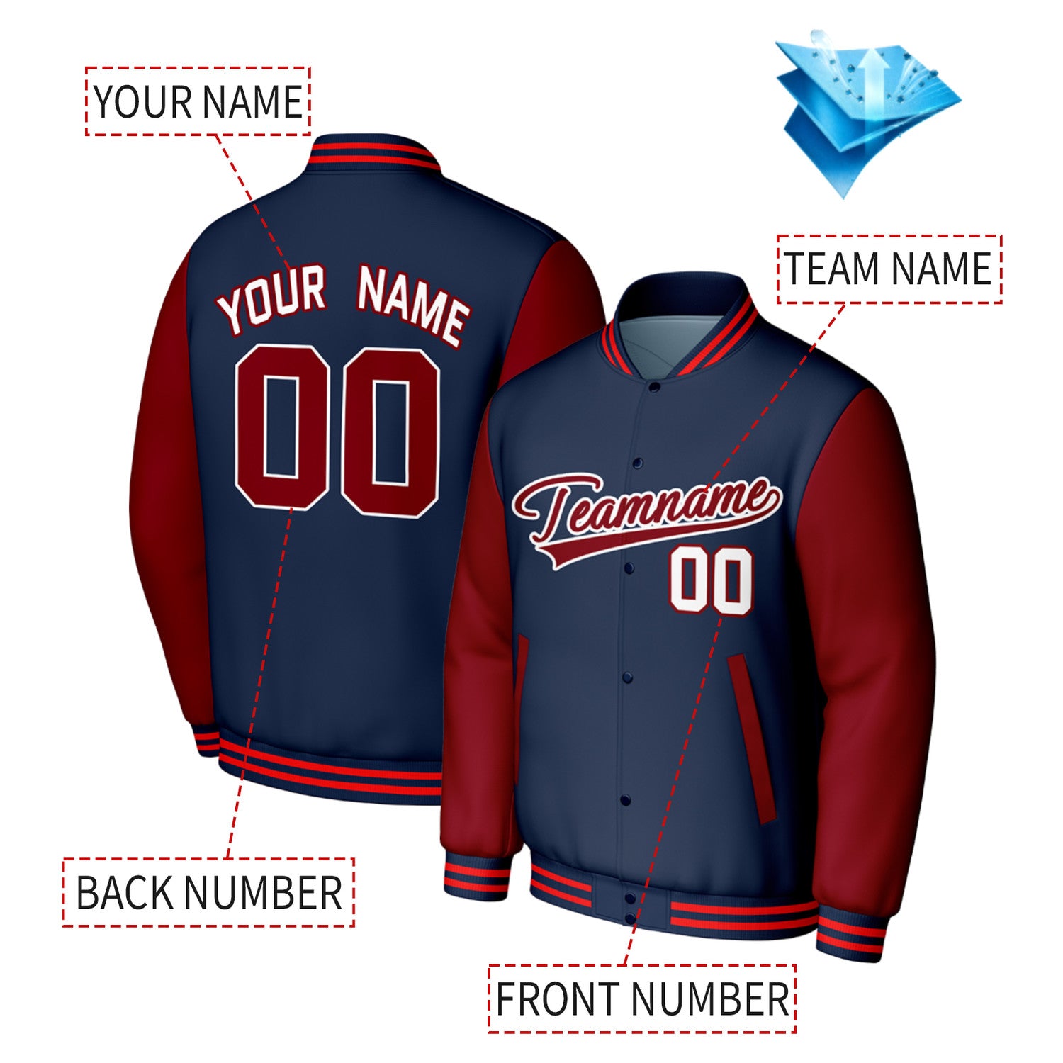 Custom Navy & Red Varsity Baseball Jacket | Personalized Jacket with Stitched Name & Number for Adult & Youth