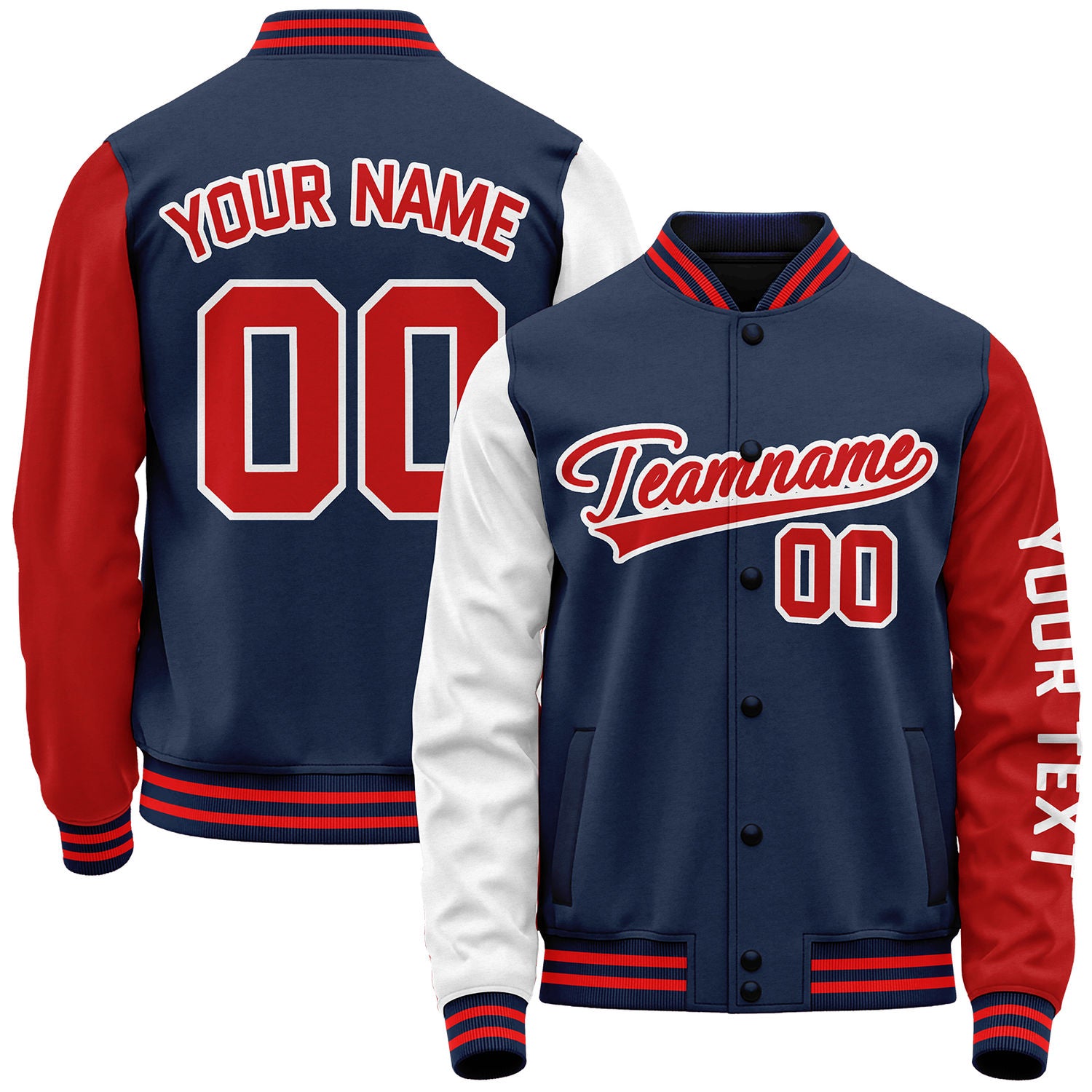 Custom navy and red baseball jackets for teams by Vosoli with stitched name, number and logo. Classic varsity jacket for baseball and casual wear.