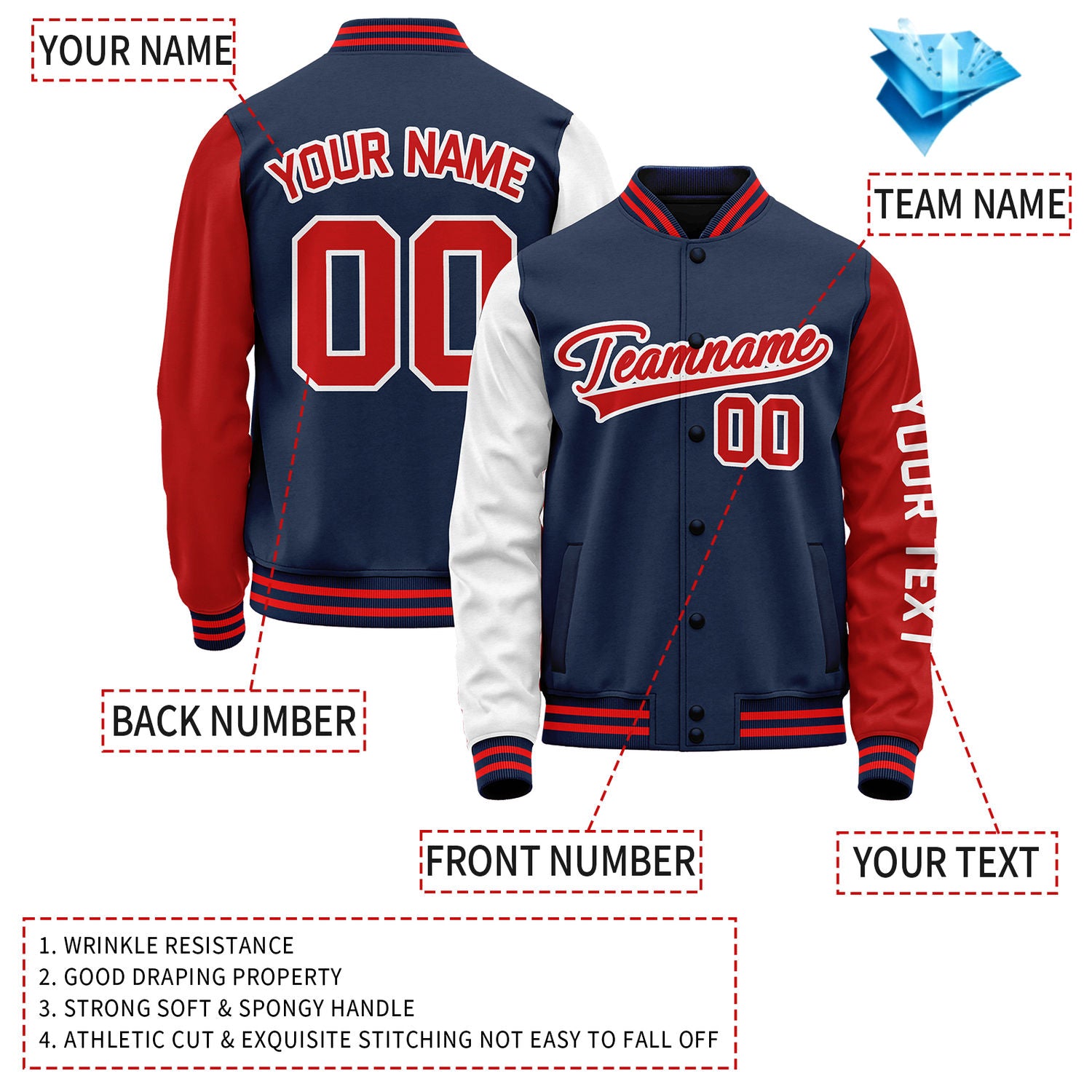 Custom Navy Red Jacket Personalized Team Name Number Letterman Bomber for Adult & Youth