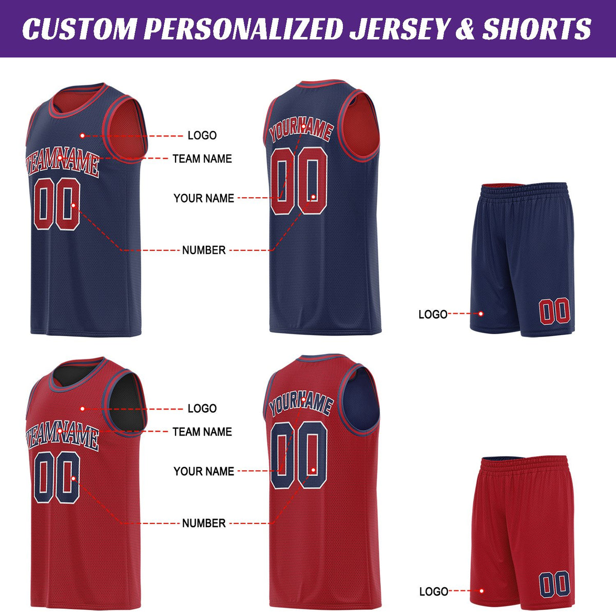 Custom Navy & Red Basketball Jersey Set | Personalized Team Uniform | Vosoli