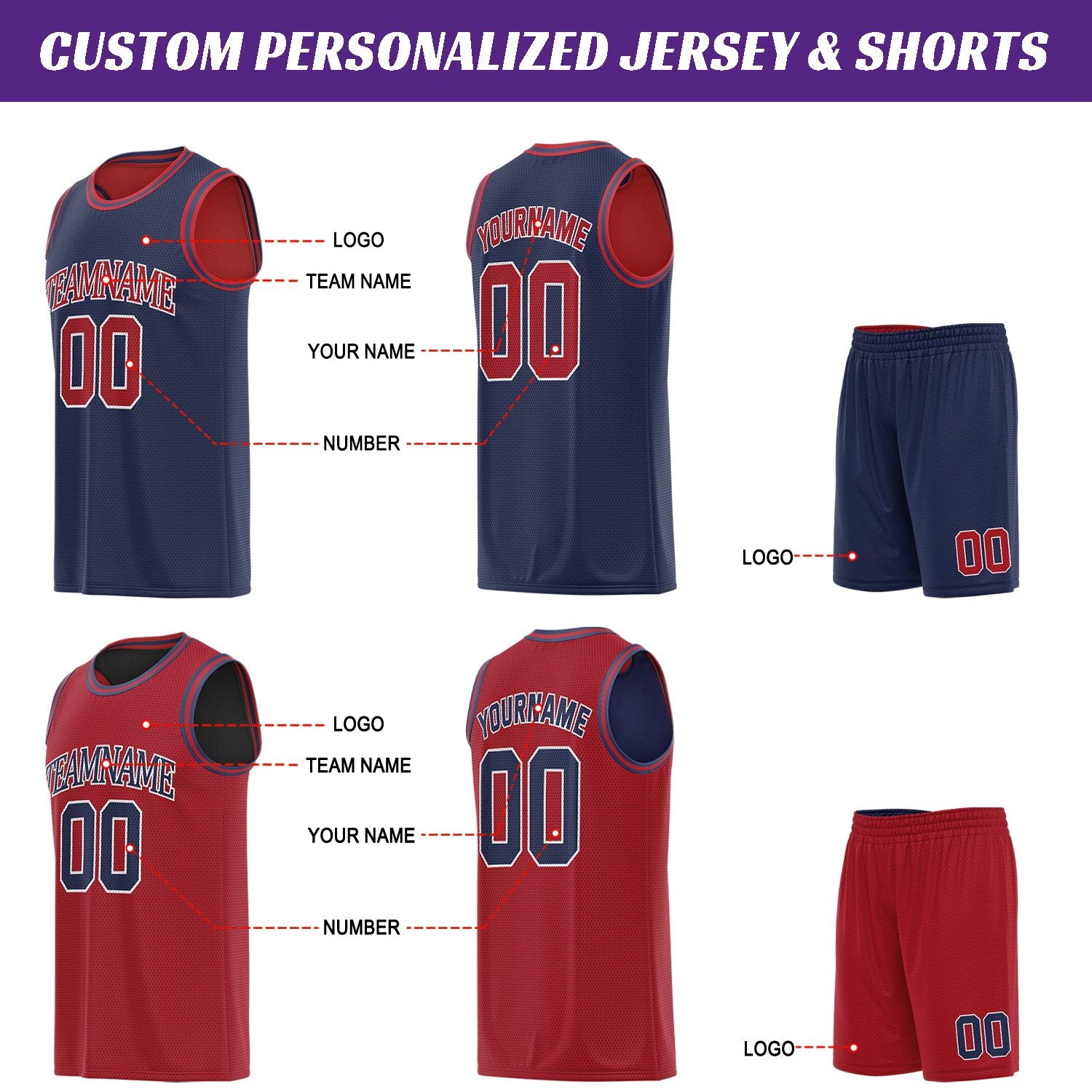 Custom navy & red basketball jersey set, personalized name number team logo, sleeveless jersey with matching shorts sports uniform for men women youth adult game practice - Vosoli