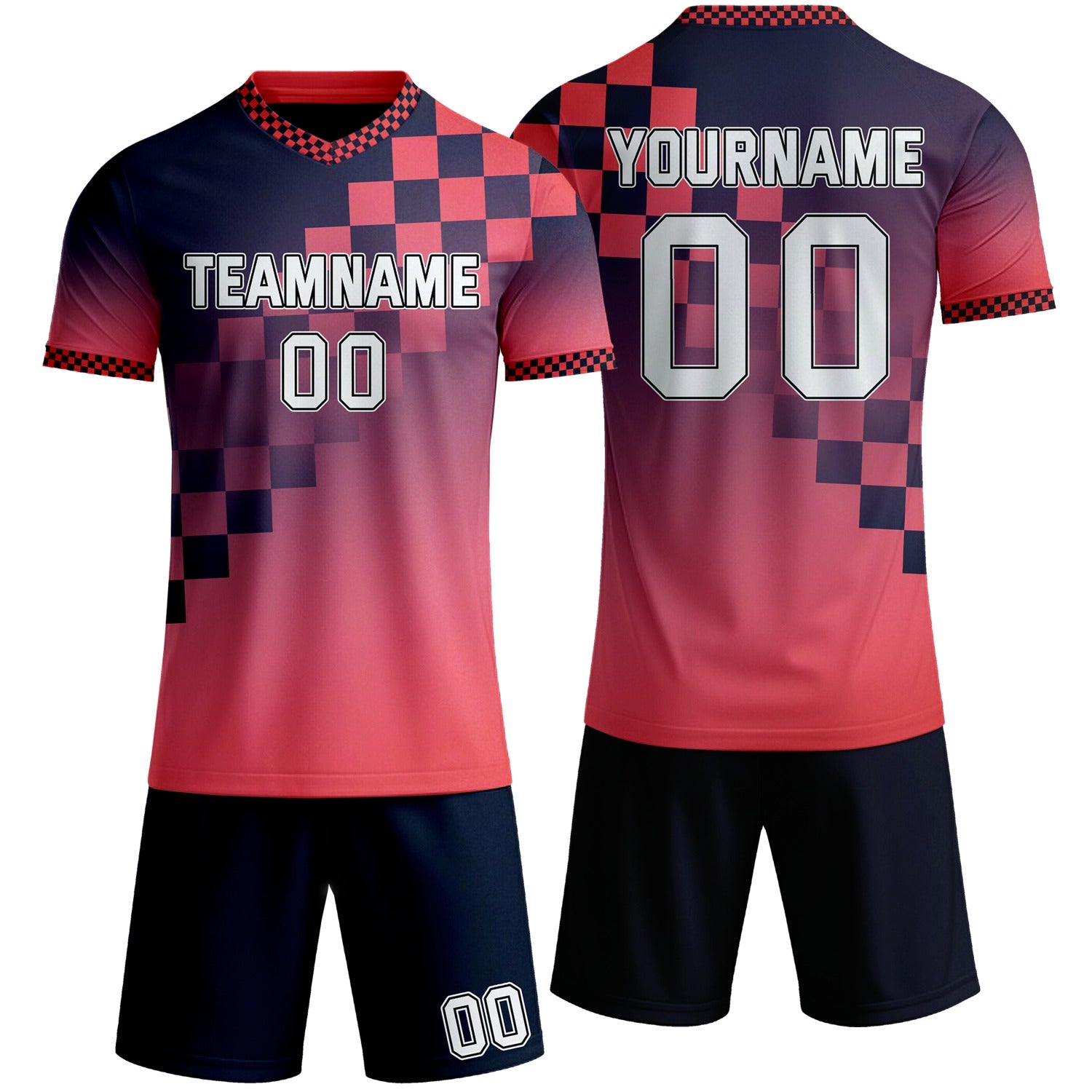 Custom navy & red checkerboard gradient soccer jersey set, personalized name number team logo, short-sleeve jersey with matching shorts sports uniform for men women youth adult game practice - Vosoli