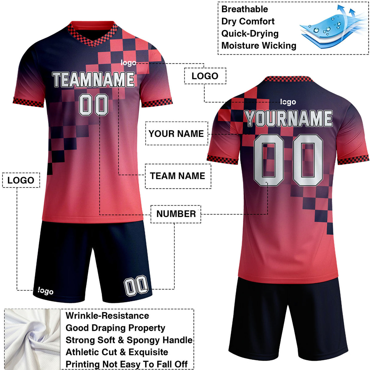 Custom Navy & Red Checkerboard Gradient Soccer Jersey Set | Personalized Team Uniform | Vosoli